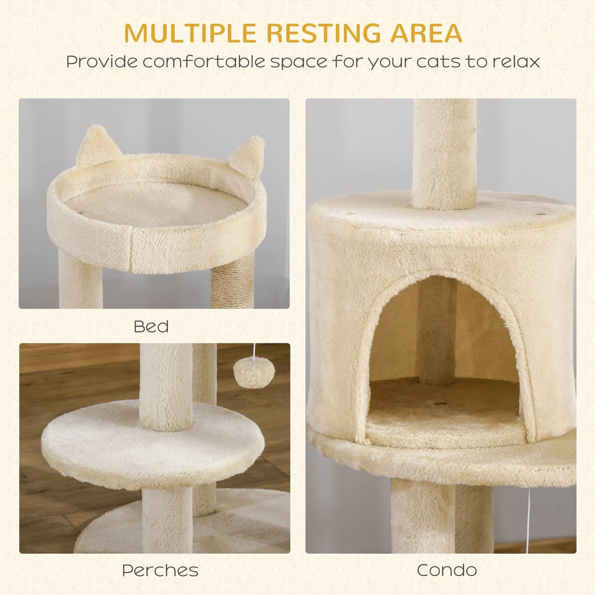 104 cm Cat Tree Cat Condo Tree Tower Cat Activity Centre with Scratching Posts Plush Perch Hanging Ball - Cream White