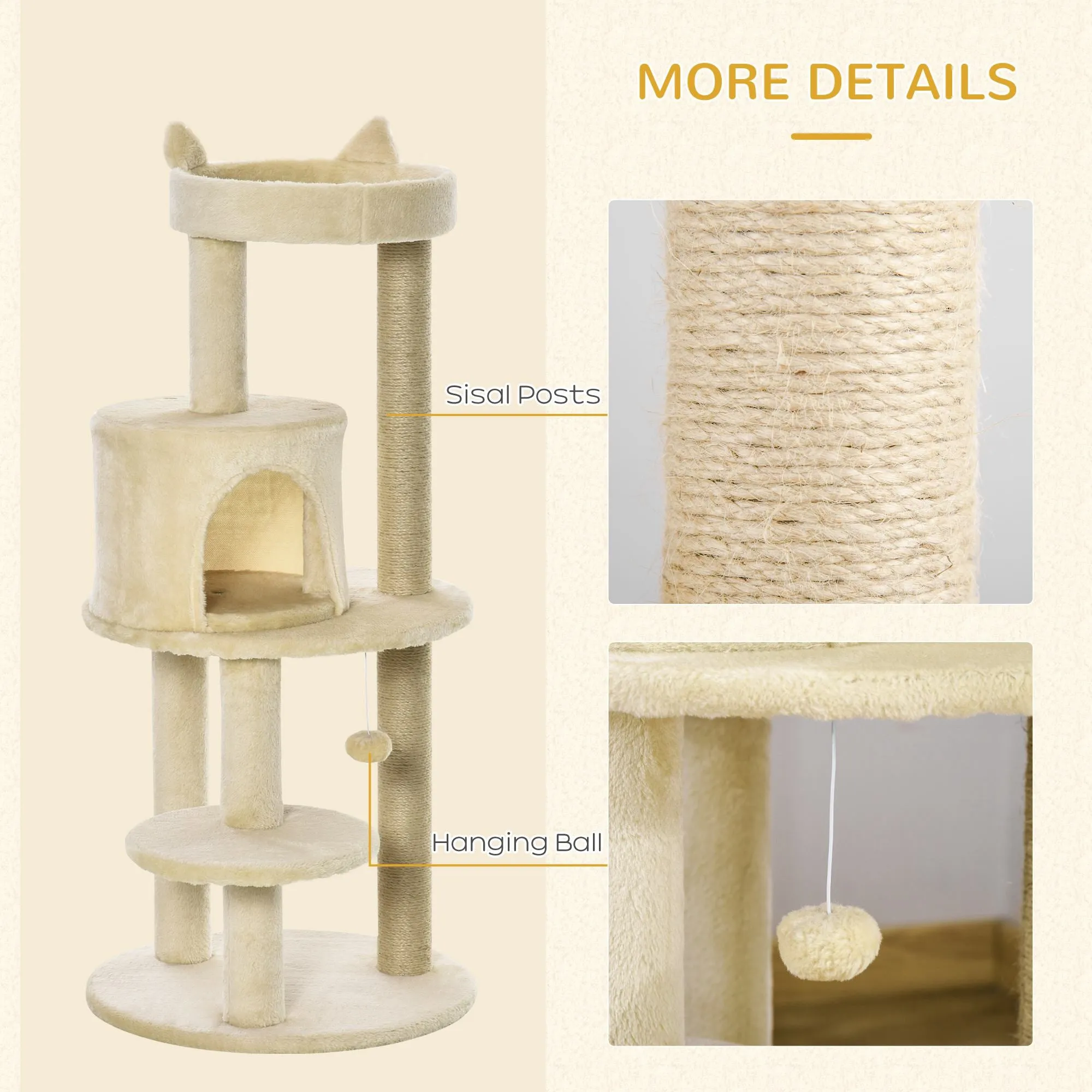 104 cm Cat Tree, Cat Condo Tree Tower, Cat Activity Centre with Scratching Posts, Plush Perch, Hanging Ball - Cream White