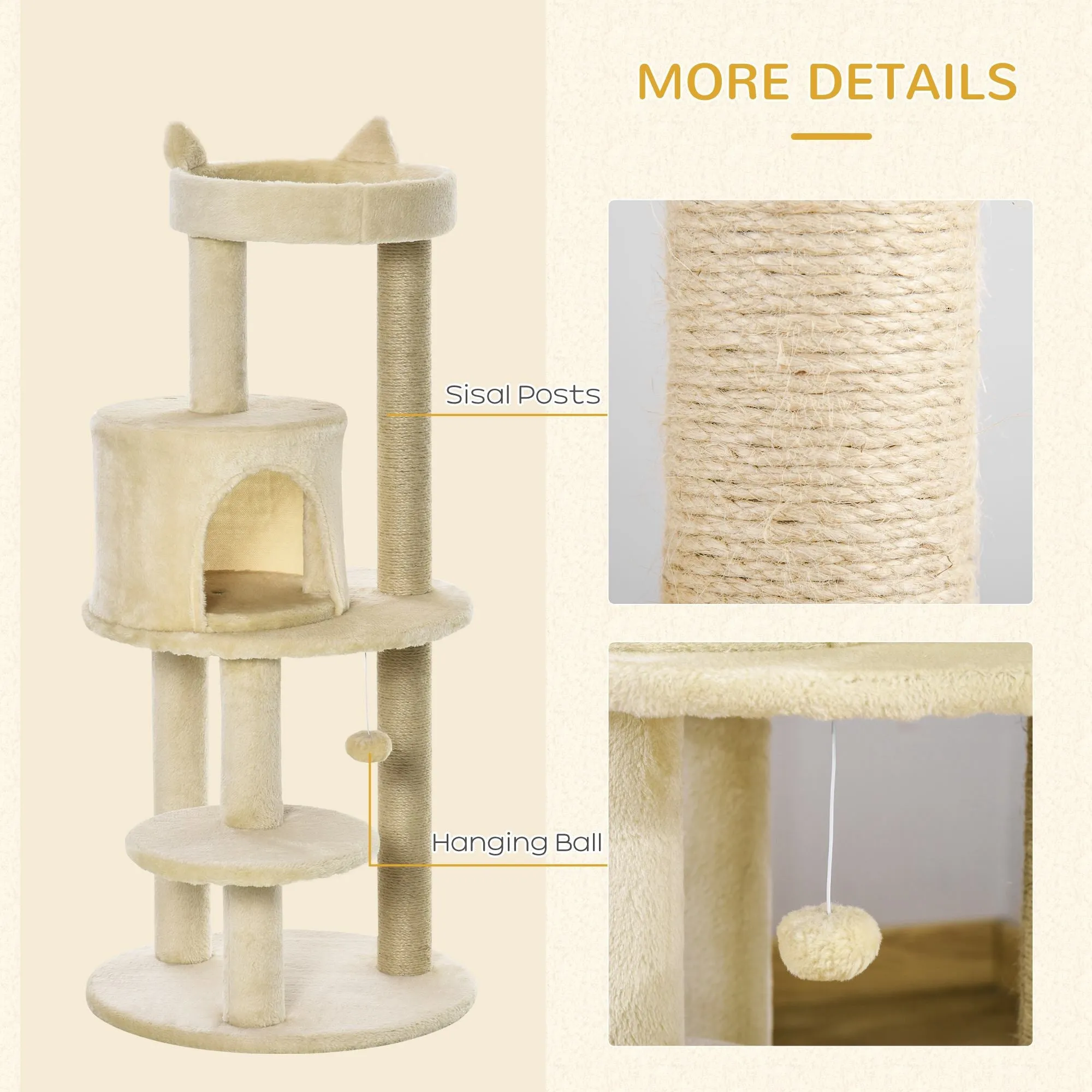 104 cm Cat Tree Cat Condo Tree Tower Cat Activity Centre with Scratching Posts Plush Perch Hanging Ball - Cream White