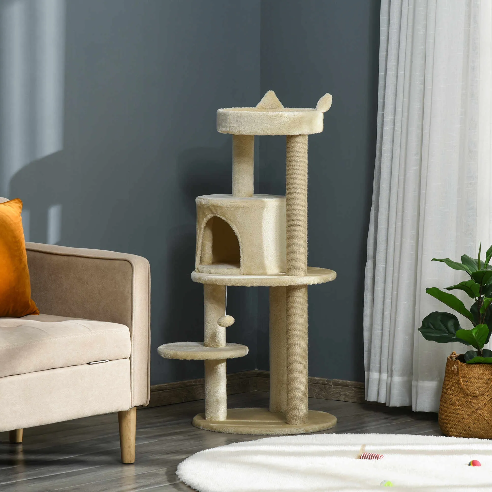104 cm Cat Tree Cat Condo Tree Tower Cat Activity Centre with Scratching Posts Plush Perch Hanging Ball - Cream White