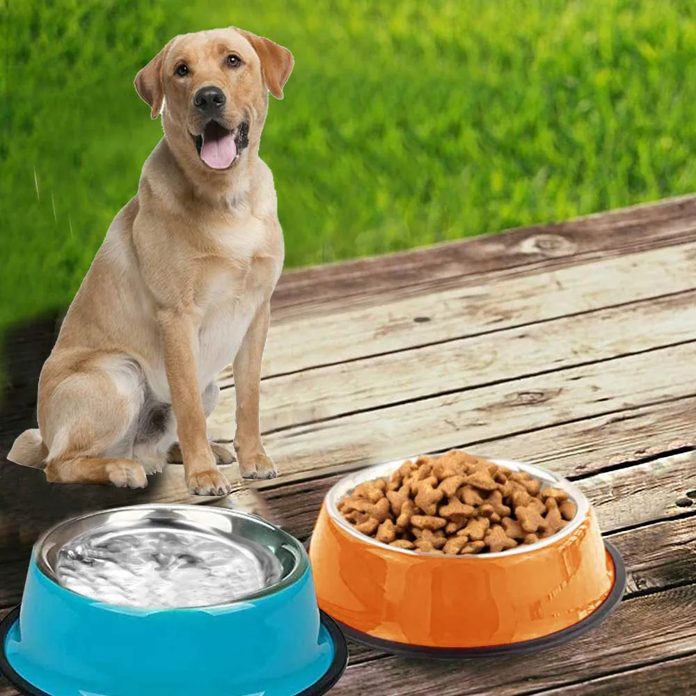 2 Dog Bowls, Stainless Steel Dog Feeder Bowls,Medium Dog Feeder Bowls And Water Bowls，dog cat Plate Bowls With Non-slip Rubber Bases, (22 cm / 8.6 inches)
