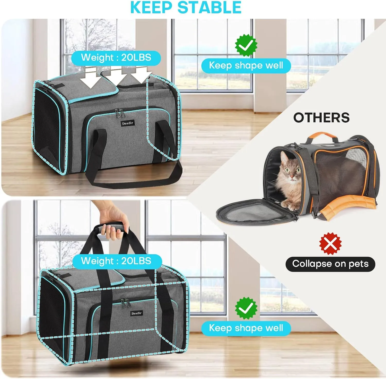 Cat Dog Carrier Bag, 5 Sides Open Doors, 2 Sides Expandable, Large Soft Sided Pet Carriers with Removable Pad, 19x12x12 Inch for Kitten, Rabbit, Puppy, Small Animal, Airline Approved