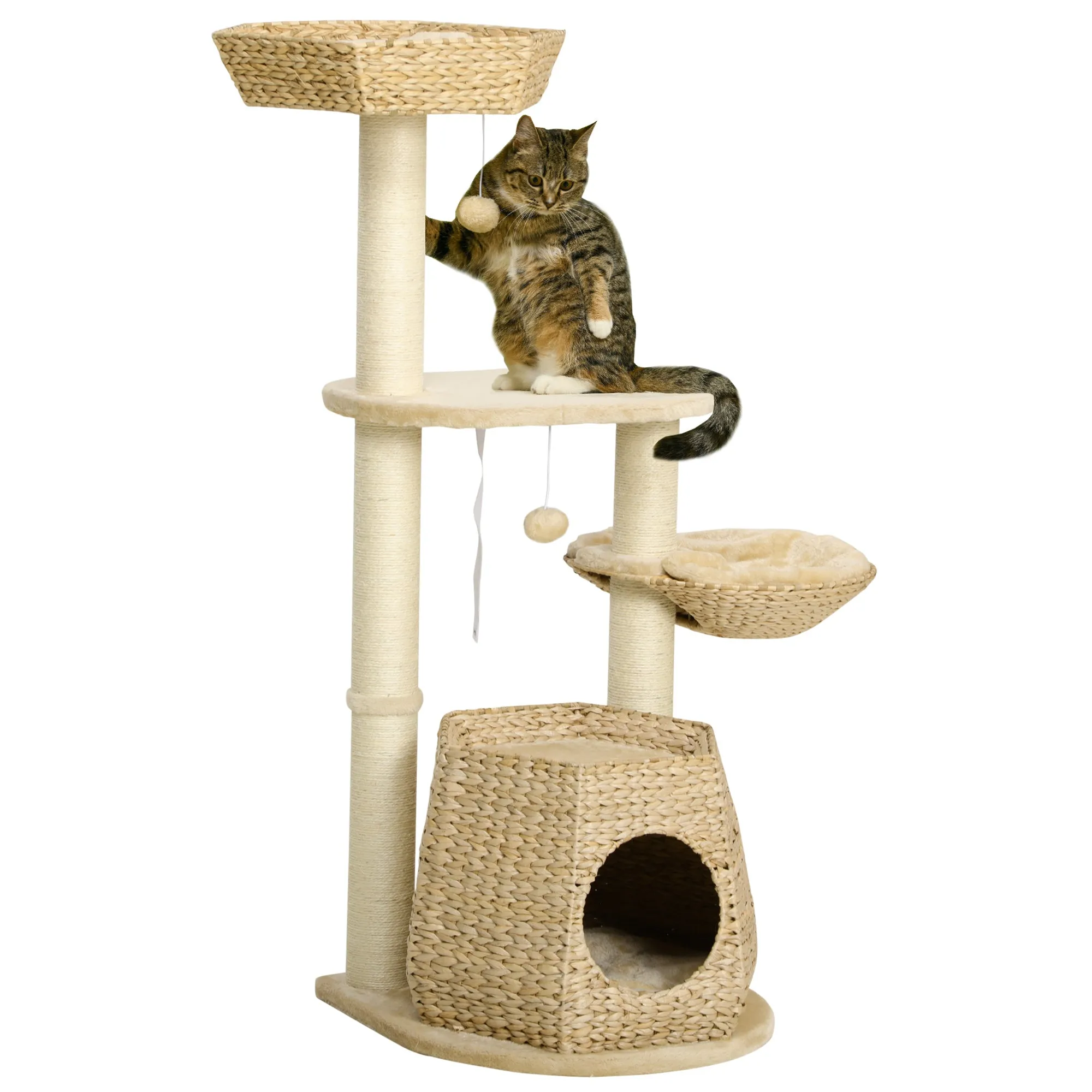 Cat Tree Activity Centre, with Cattail, Bed, Cat House, Sisal Post, Ball - Natural Tone