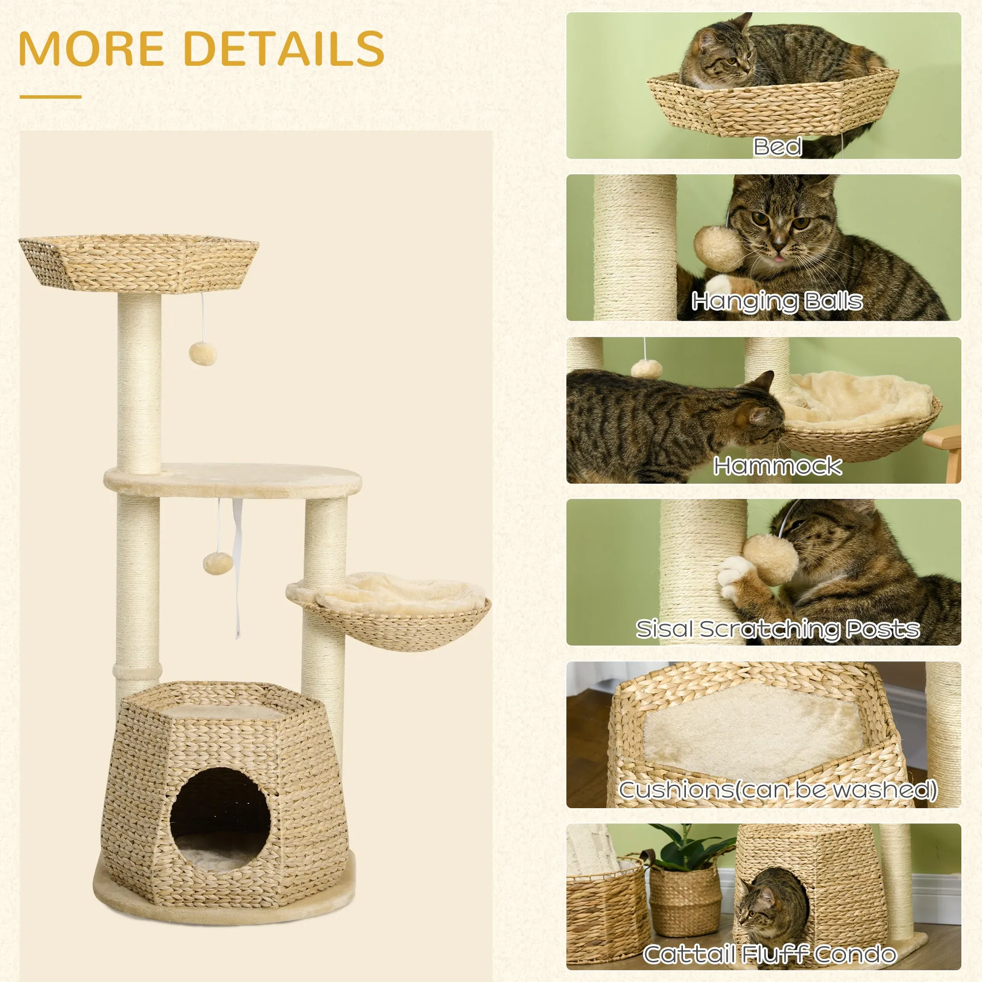 Cat Tree Activity Centre, with Cattail, Bed, Cat House, Sisal Post, Ball - Natural Tone