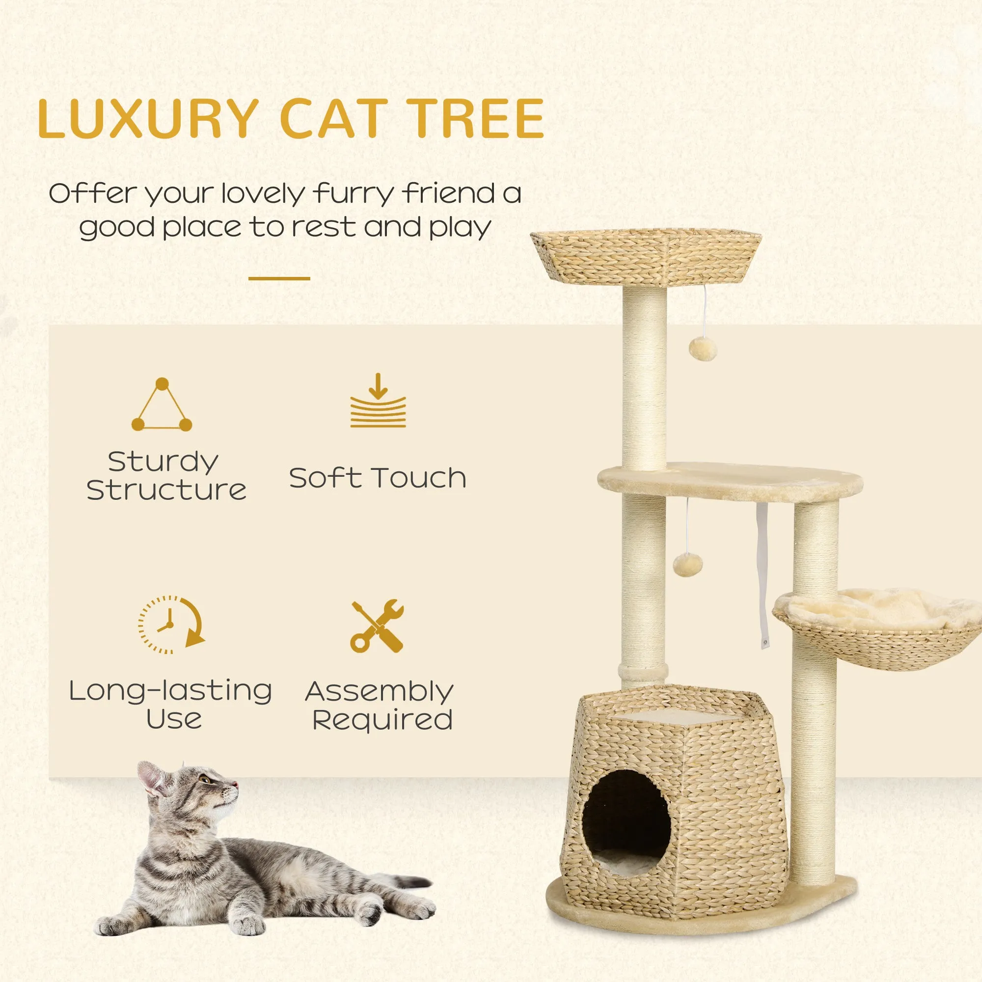 Cat Tree Activity Centre, with Cattail, Bed, Cat House, Sisal Post, Ball - Natural Tone