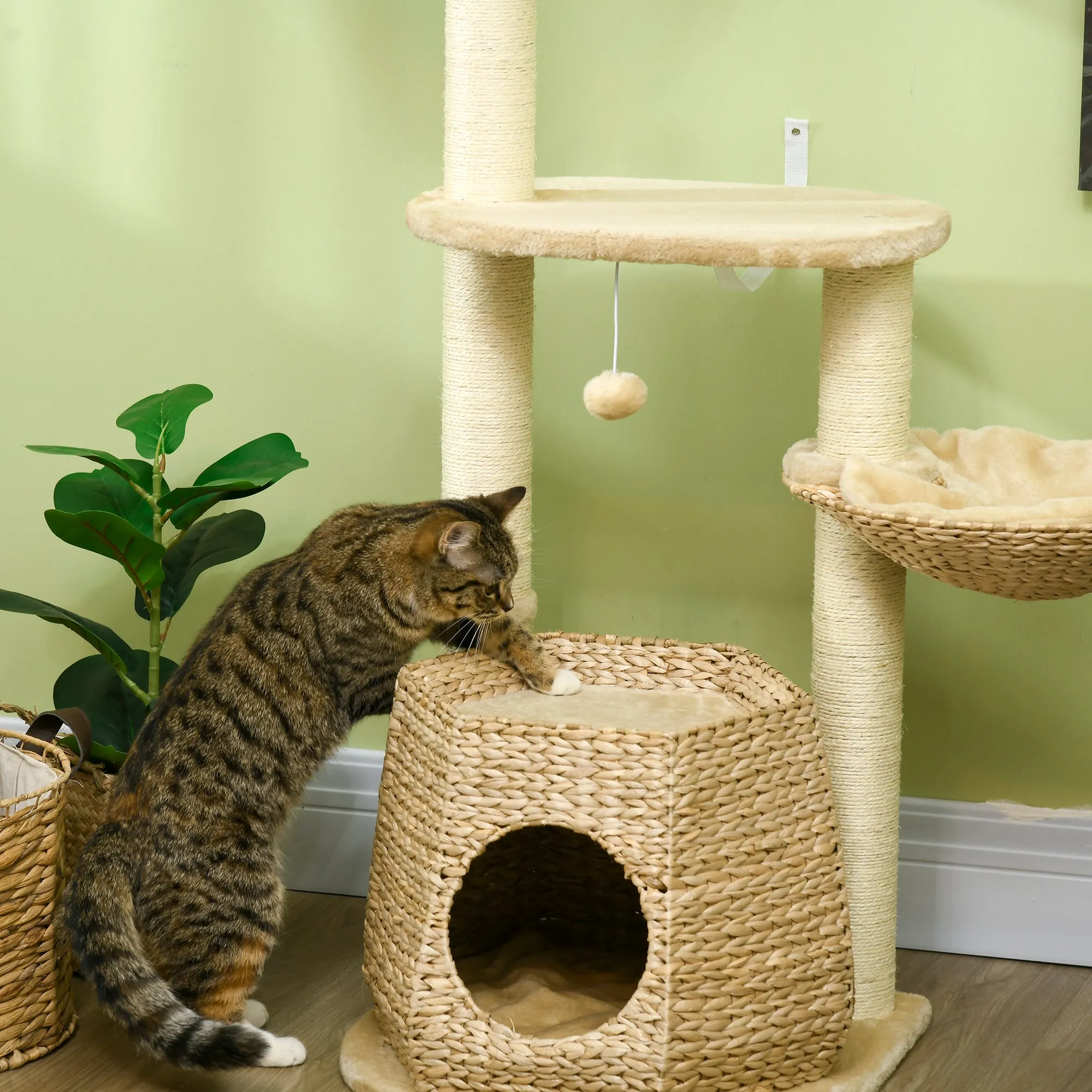 Cat Tree Activity Centre, with Cattail, Bed, Cat House, Sisal Post, Ball - Natural Tone