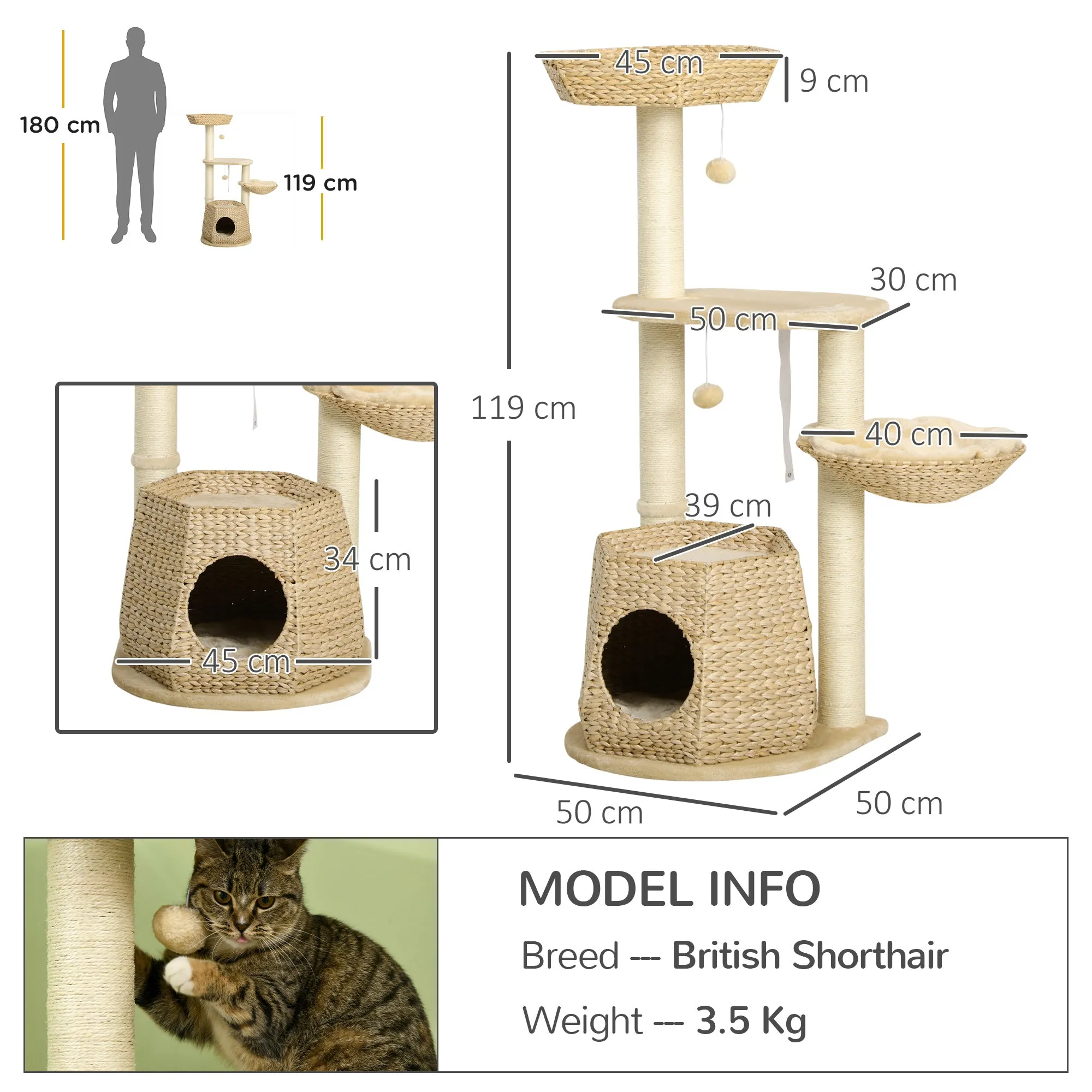 Cat Tree Activity Centre, with Cattail, Bed, Cat House, Sisal Post, Ball - Natural Tone
