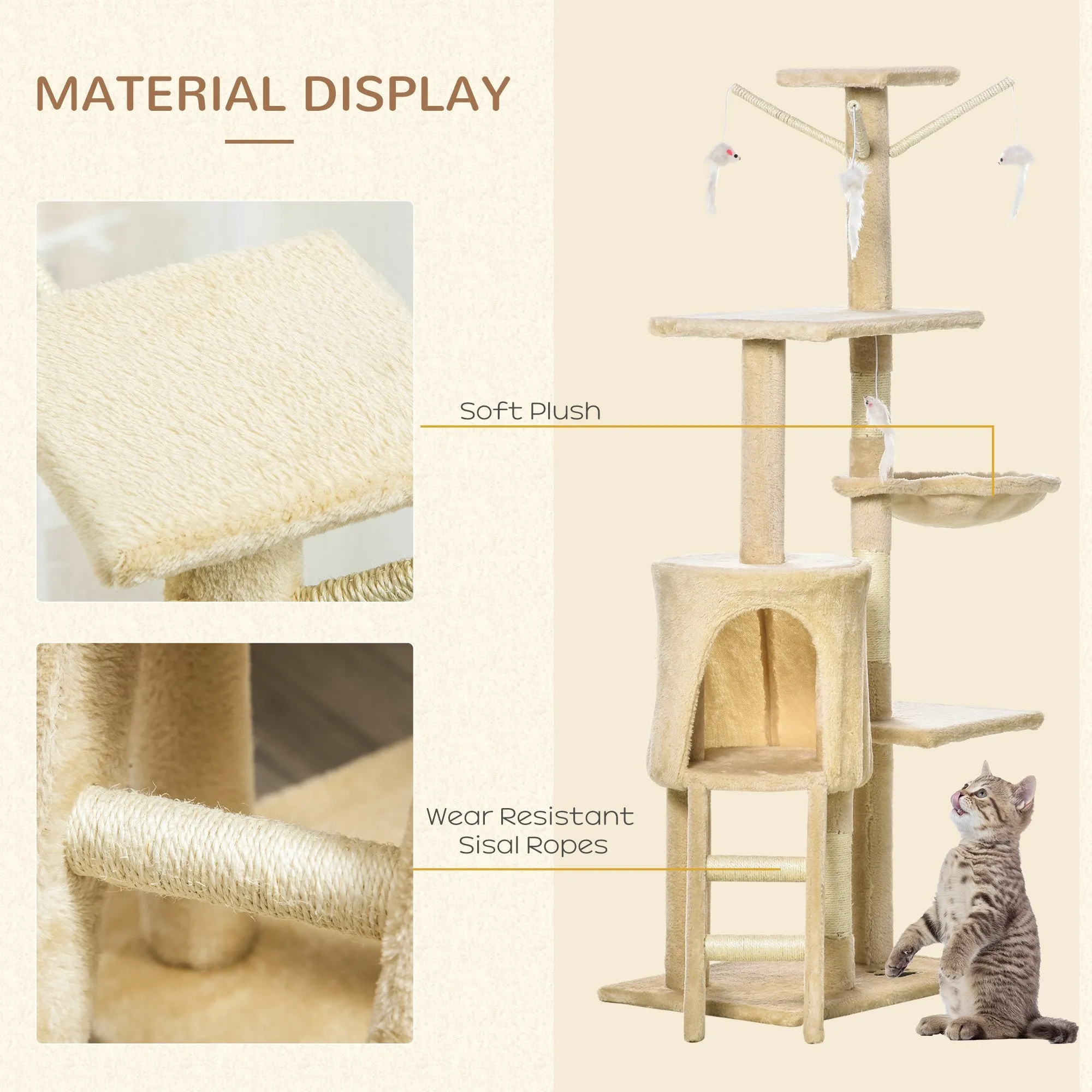 Cat Tree for Indoor Cats 135cm Kitten Tower Scratching Post Kitty Scratcher Climbing Tower with Ladder, Beige