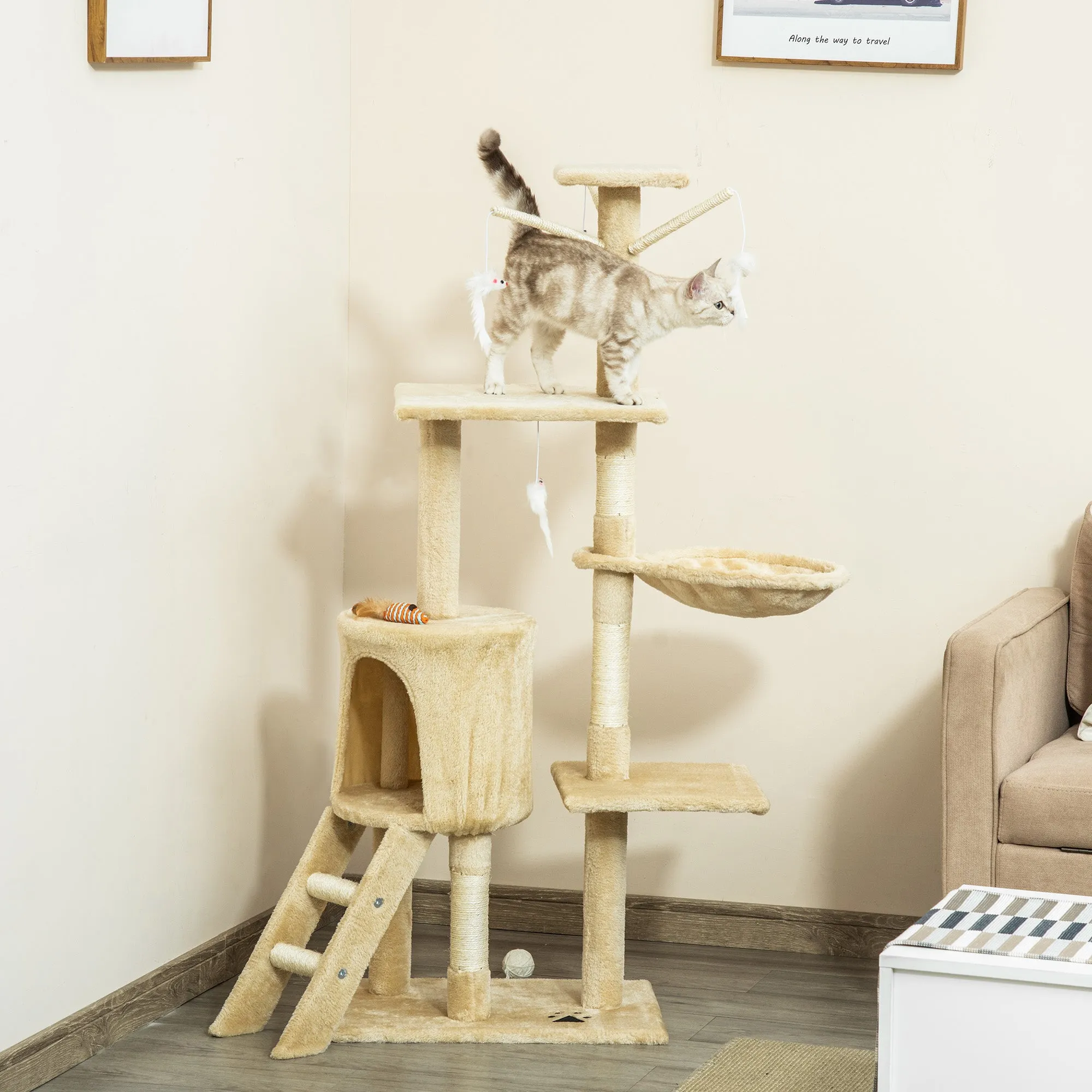 Cat Tree for Indoor Cats 135cm Kitten Tower Scratching Post Kitty Scratcher Climbing Tower with Ladder, Beige