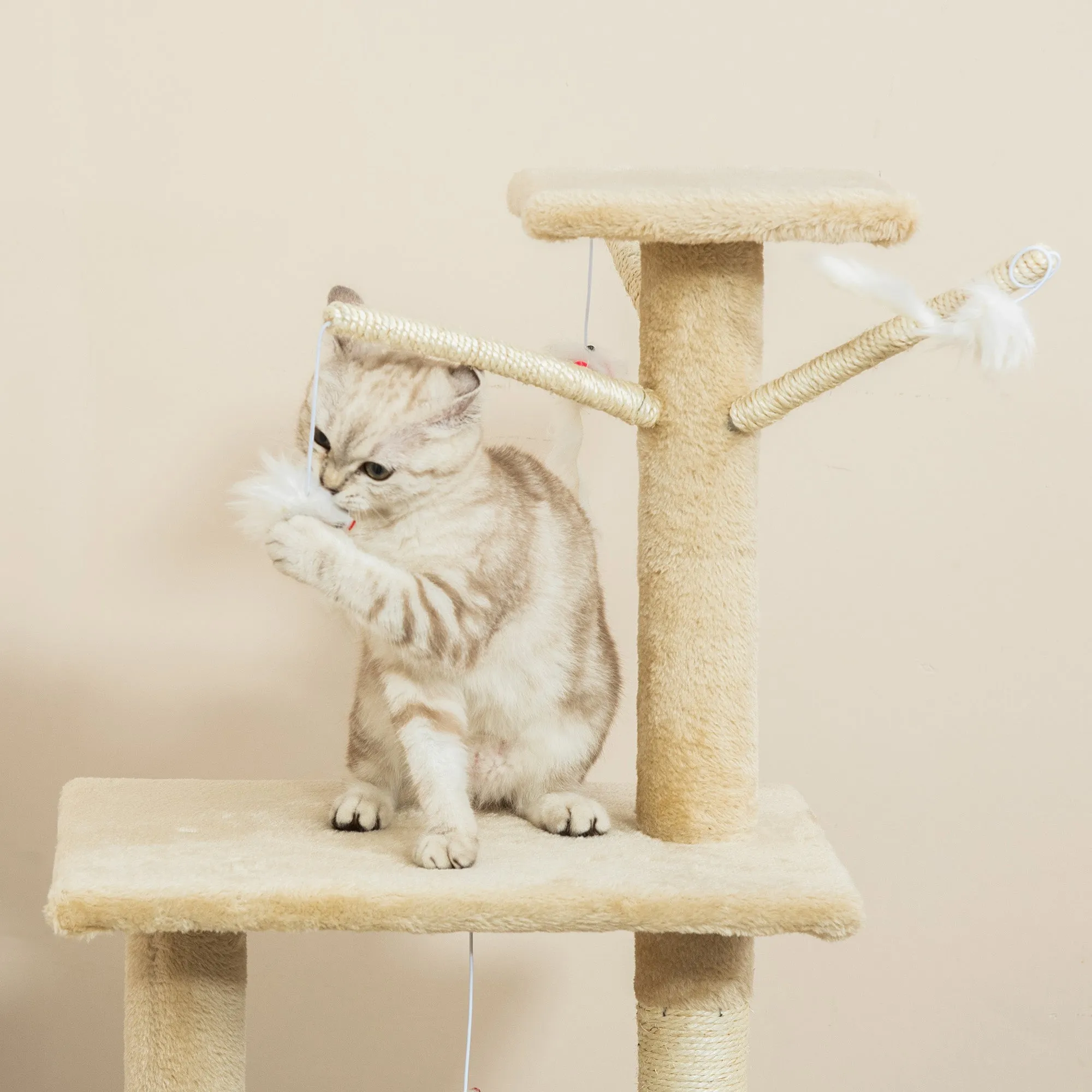 Cat Tree for Indoor Cats 135cm Kitten Tower Scratching Post Kitty Scratcher Climbing Tower with Ladder, Beige