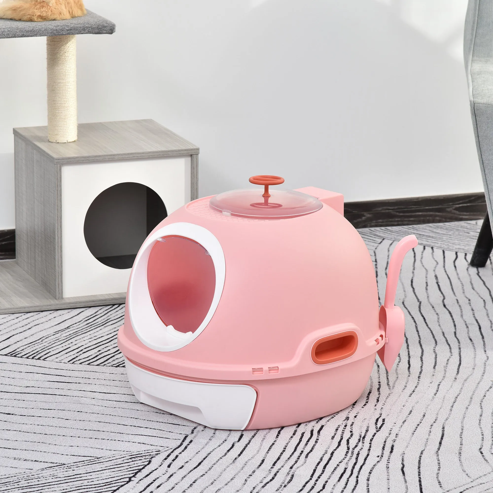 Closed Cat Litter Box with Removable Tray, 2 Entrances and Scoop, 47x55x44cm, Pink
