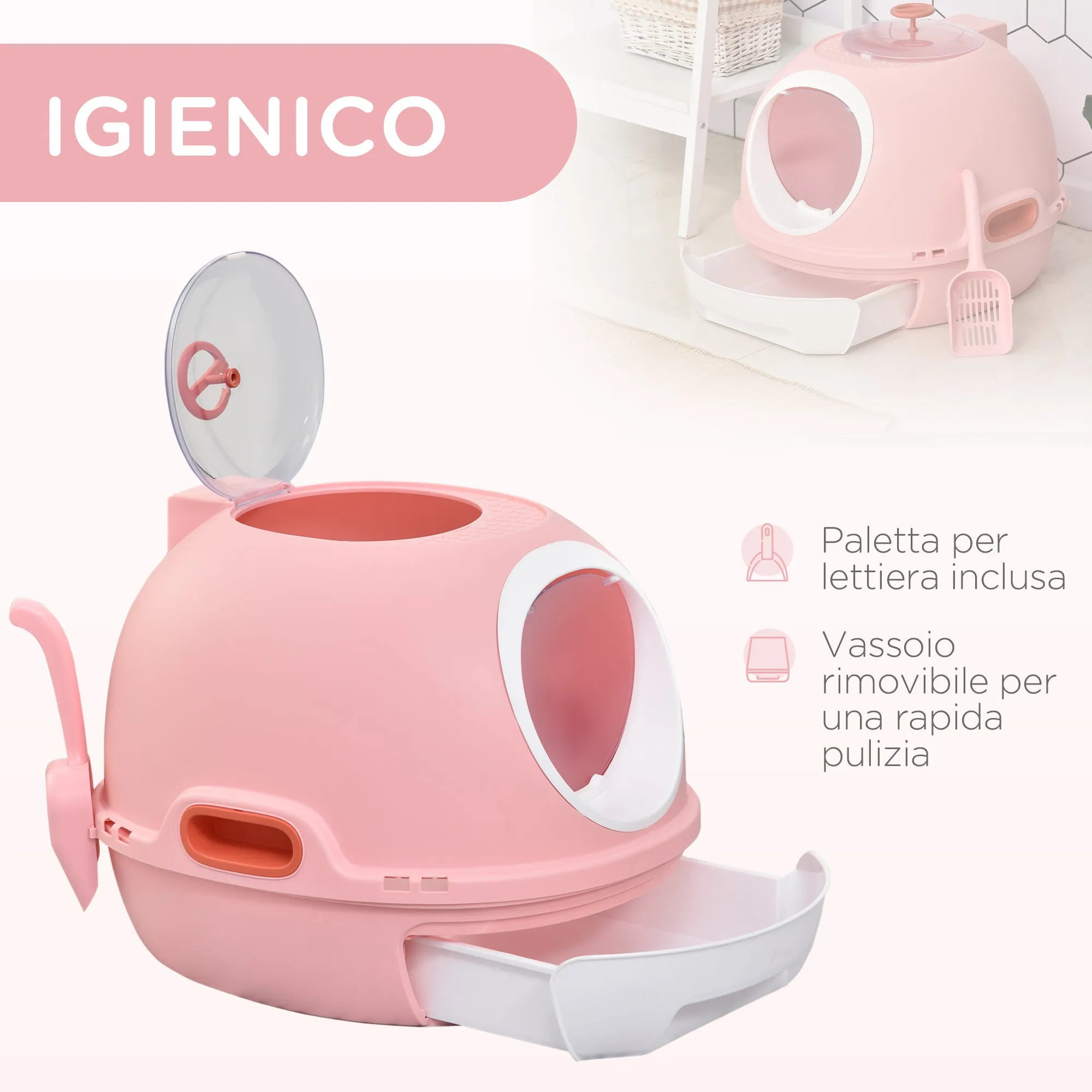 Closed Cat Litter Box with Removable Tray, 2 Entrances and Scoop, 47x55x44cm, Pink