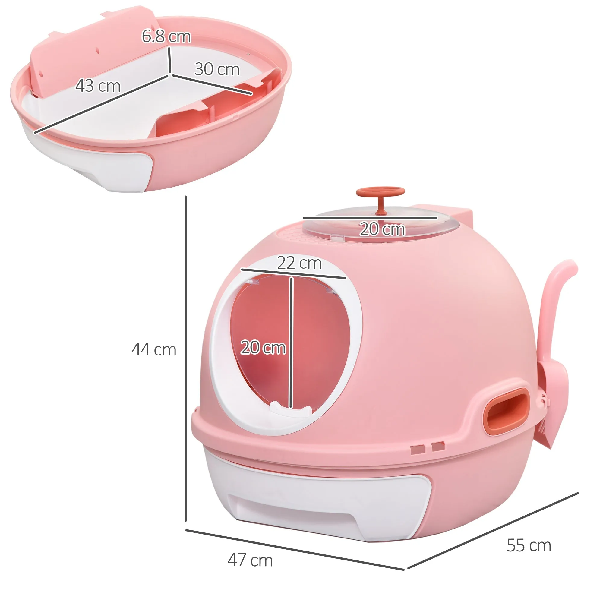 Closed Cat Litter Box with Removable Tray, 2 Entrances and Scoop, 47x55x44cm, Pink