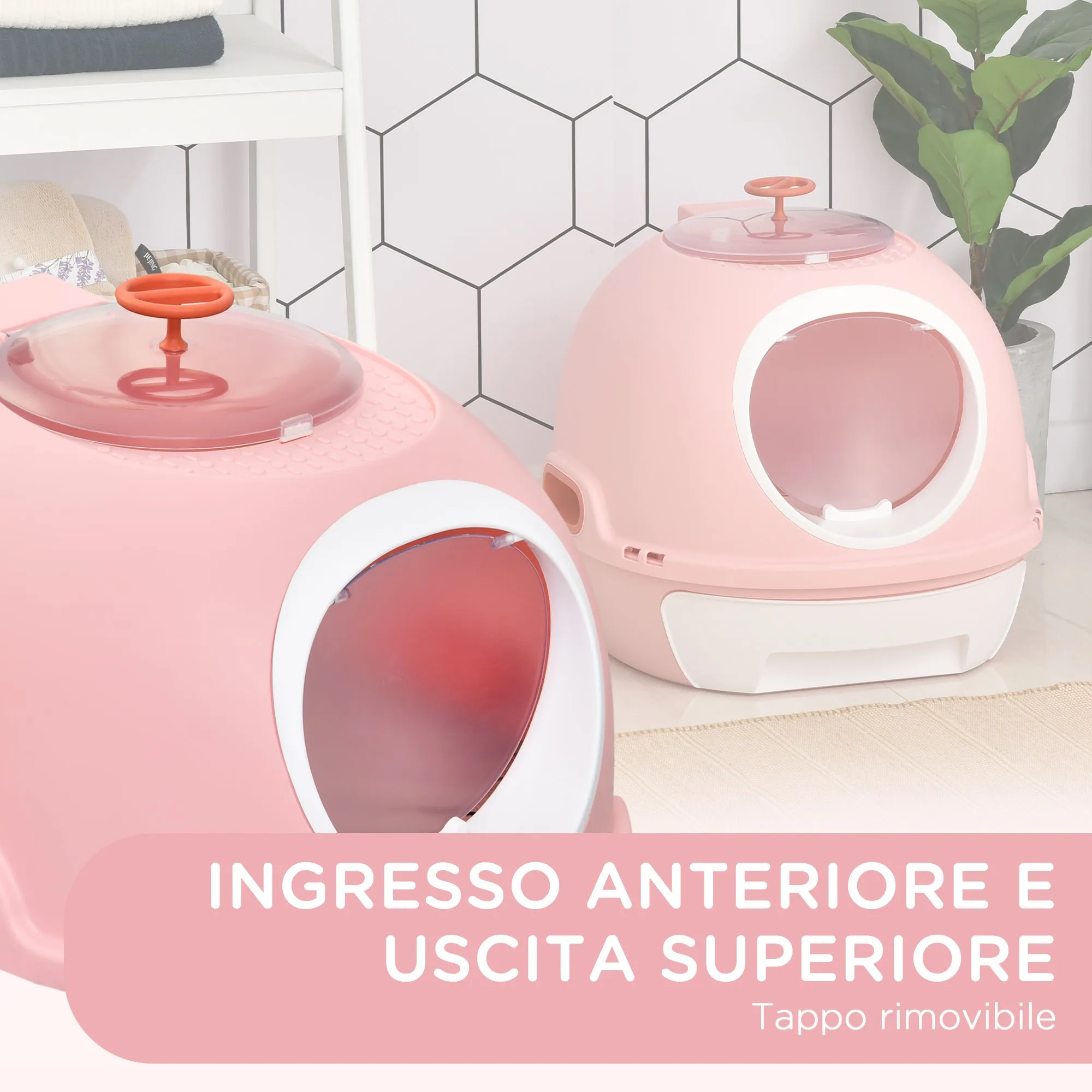 Closed Cat Litter Box with Removable Tray, 2 Entrances and Scoop, 47x55x44cm, Pink