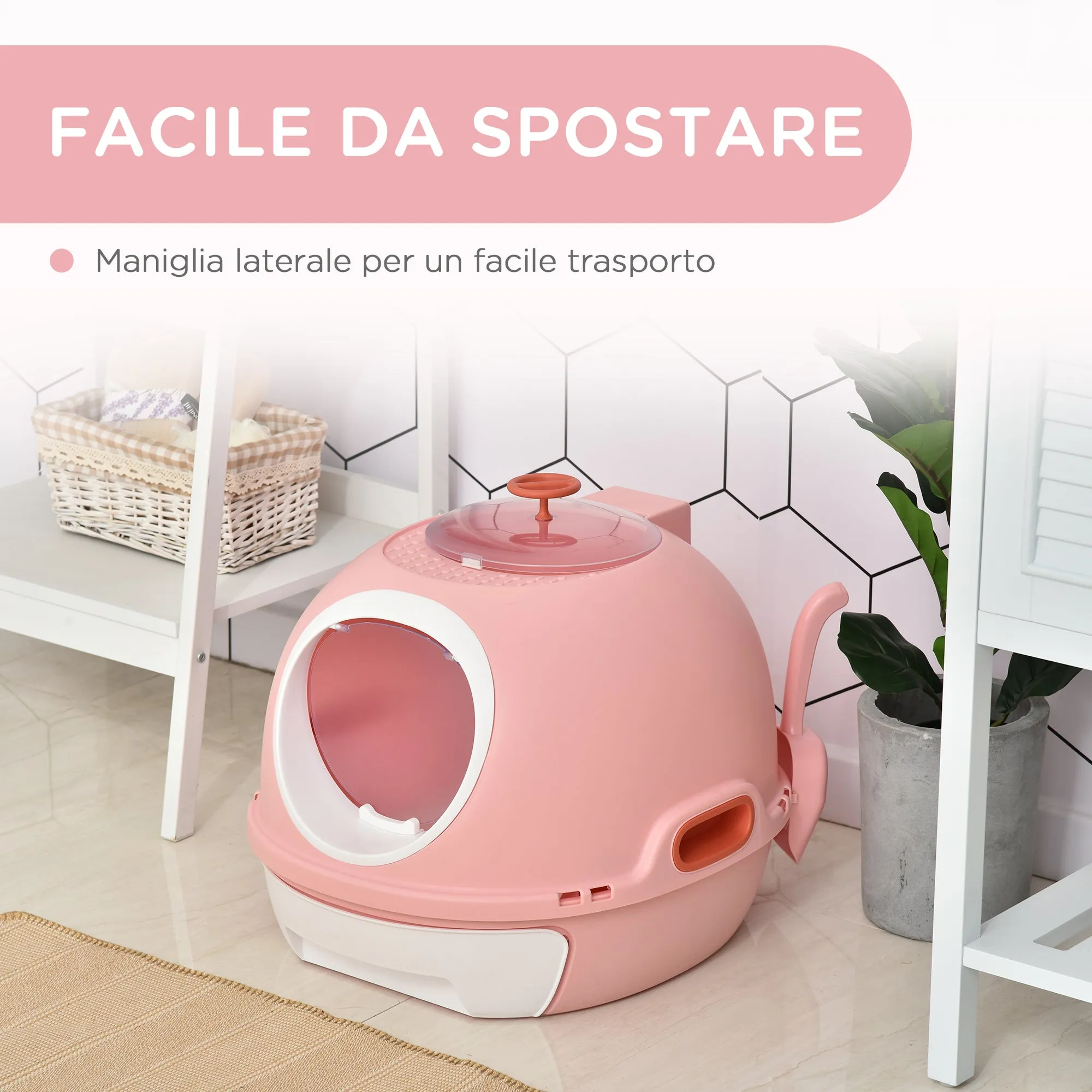 Closed Cat Litter Box with Removable Tray, 2 Entrances and Scoop, 47x55x44cm, Pink
