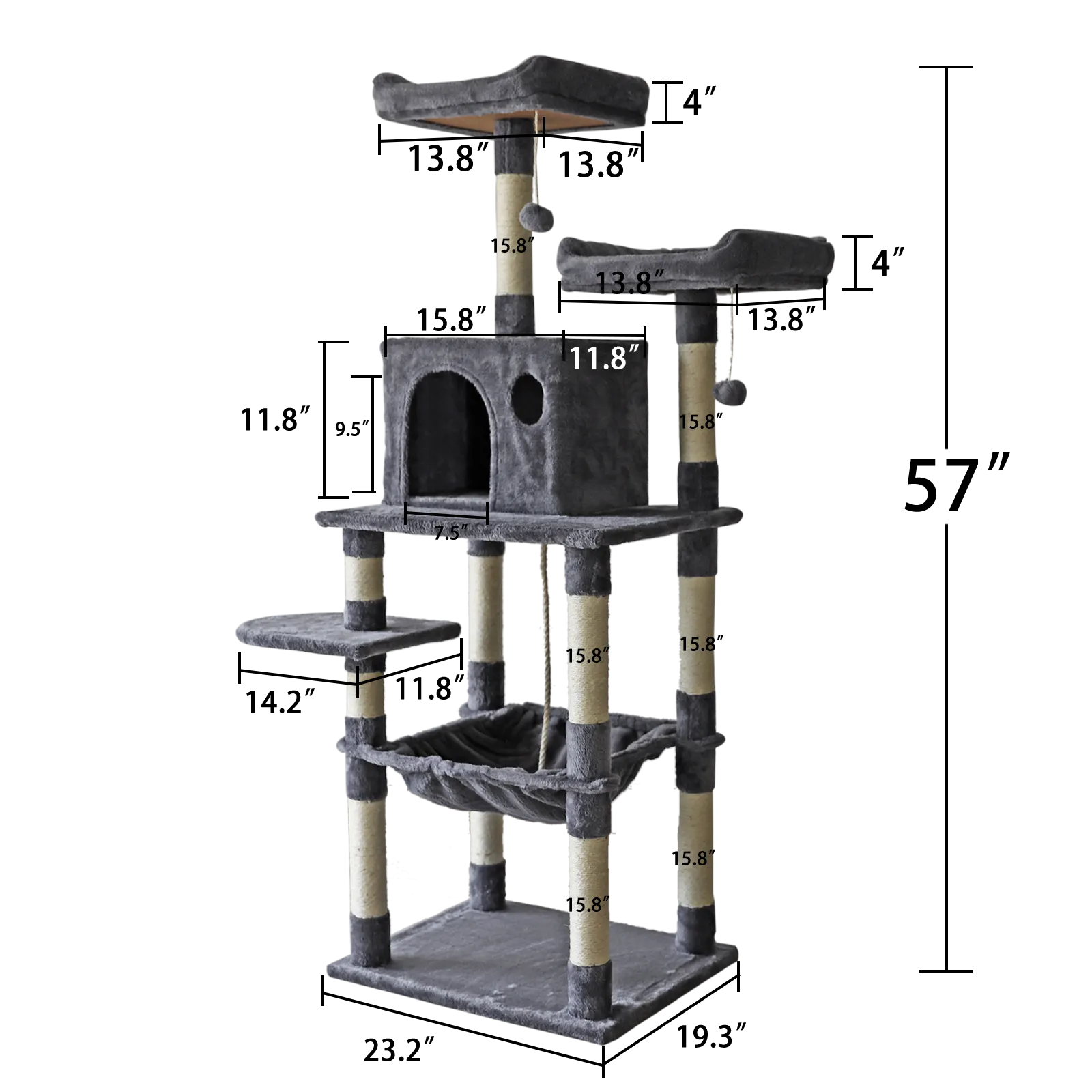 Confote 63-Inch Multi-Level Cat Tree with Sisal-Covered Scratching Posts, Plush Perches, Hammock, and Condo, Cat Tower Furniture, for Kitten, Pet, Dark Grey