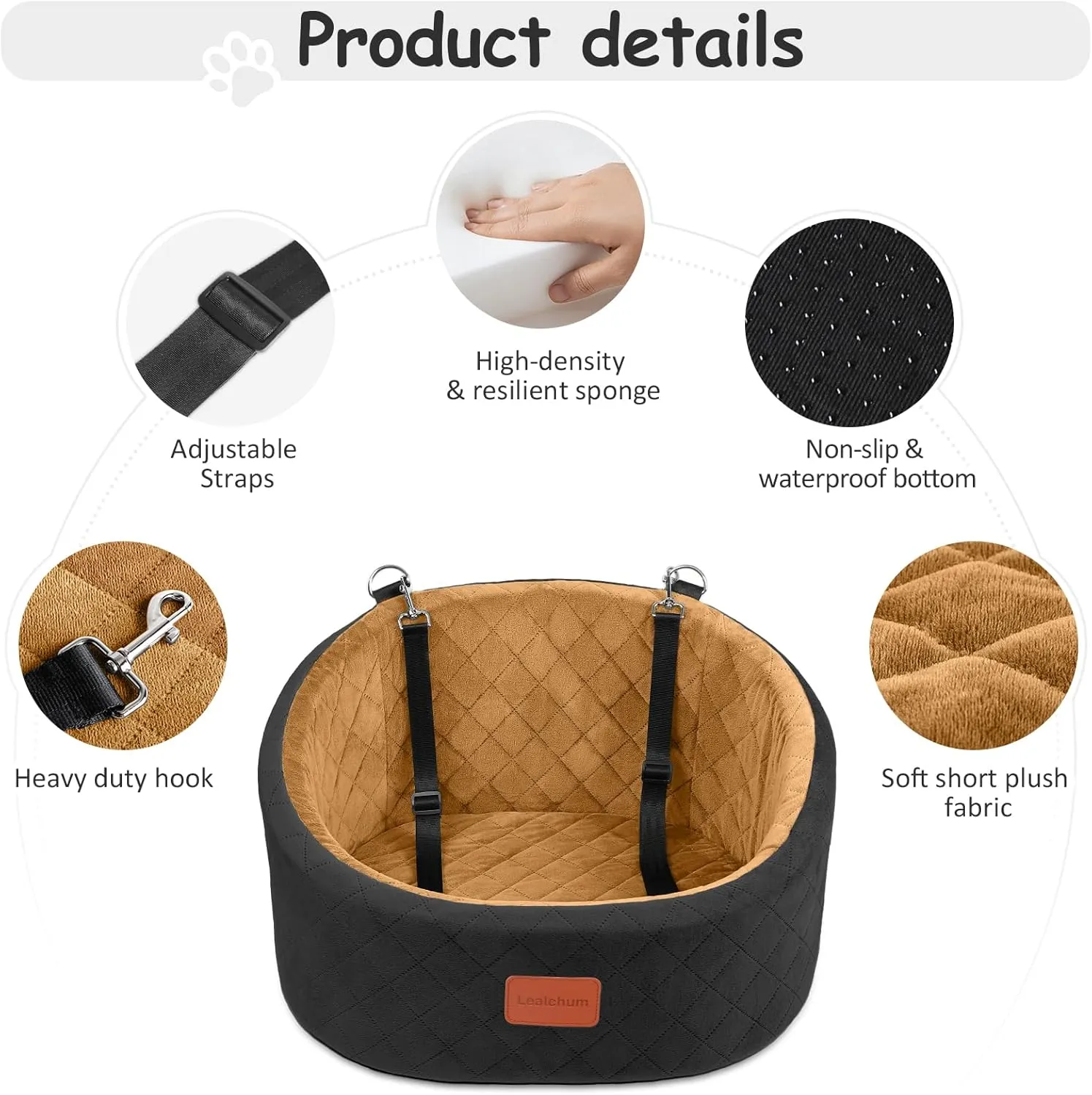 Dog Car Seat for Medium Dogs Under 25 lbs, Comfy Puppy Car Seat with 2 Clip-On Safety Leashes, Non-Slip Bottom Pet Travel Car Seat, Easy to Install and Fully Removable (Black/Coffee, Small)