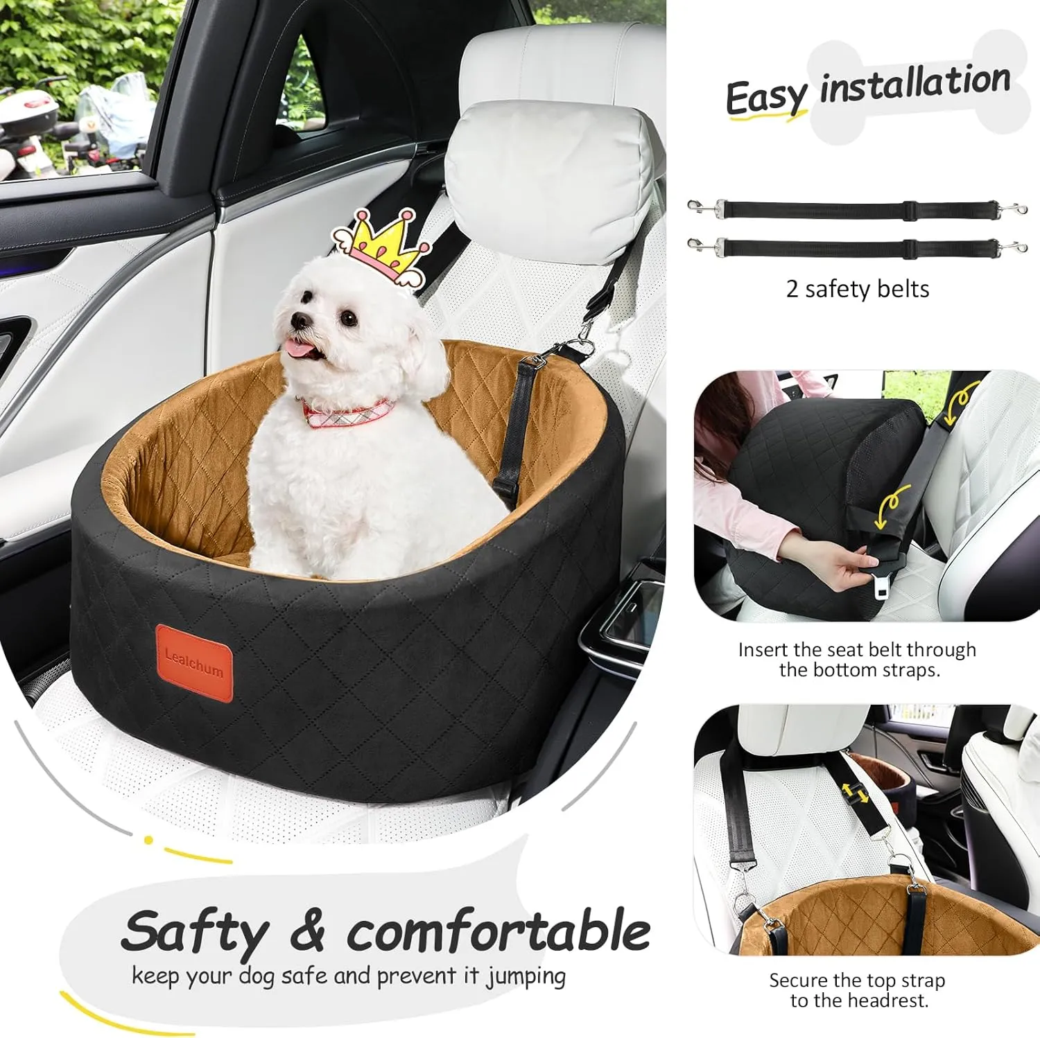 Dog Car Seat for Medium Dogs Under 25 lbs, Comfy Puppy Car Seat with 2 Clip-On Safety Leashes, Non-Slip Bottom Pet Travel Car Seat, Easy to Install and Fully Removable (Black/Coffee, Small)
