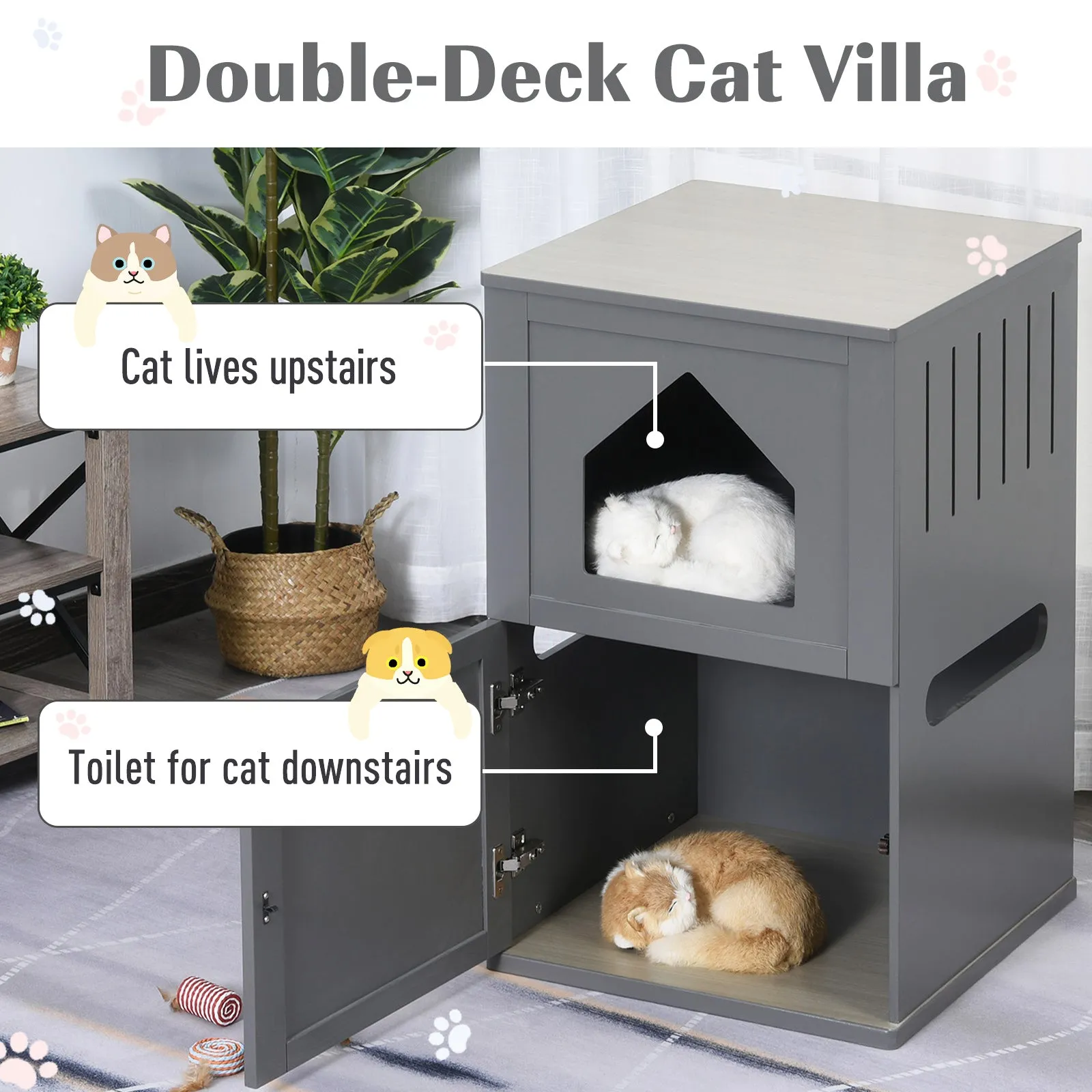 Double-Decker Cat Litter Box 2 Story Pet Crate Luxury Toilet House, Grey