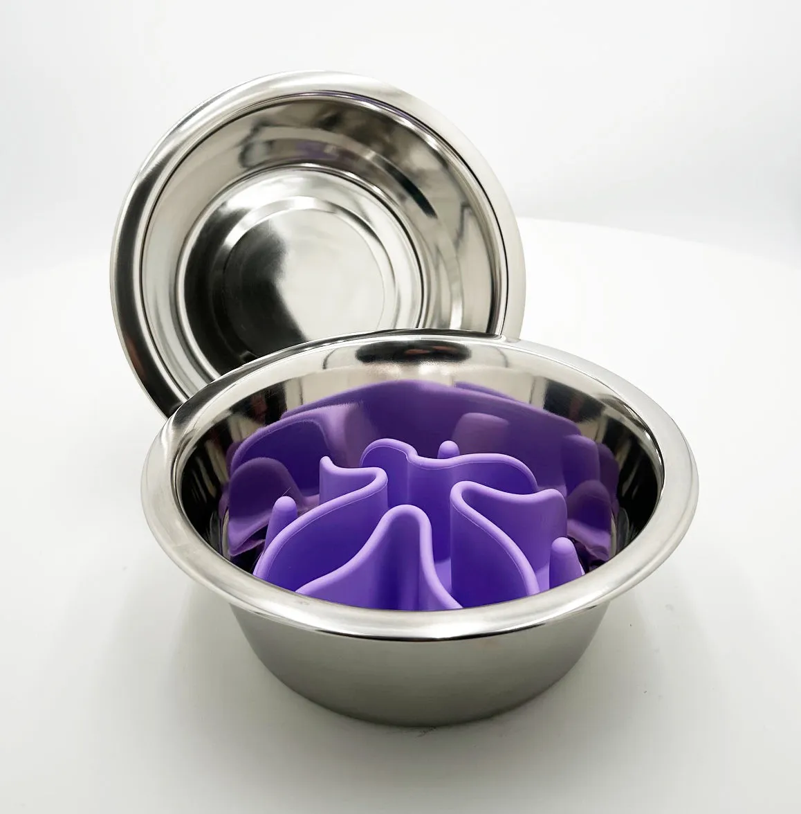 Extra Bowl Set with Slow Feed Pad – Human-Grade 304 Stainless Steel Slow Feed Dog Bowl, Silicone Insert, set of 2