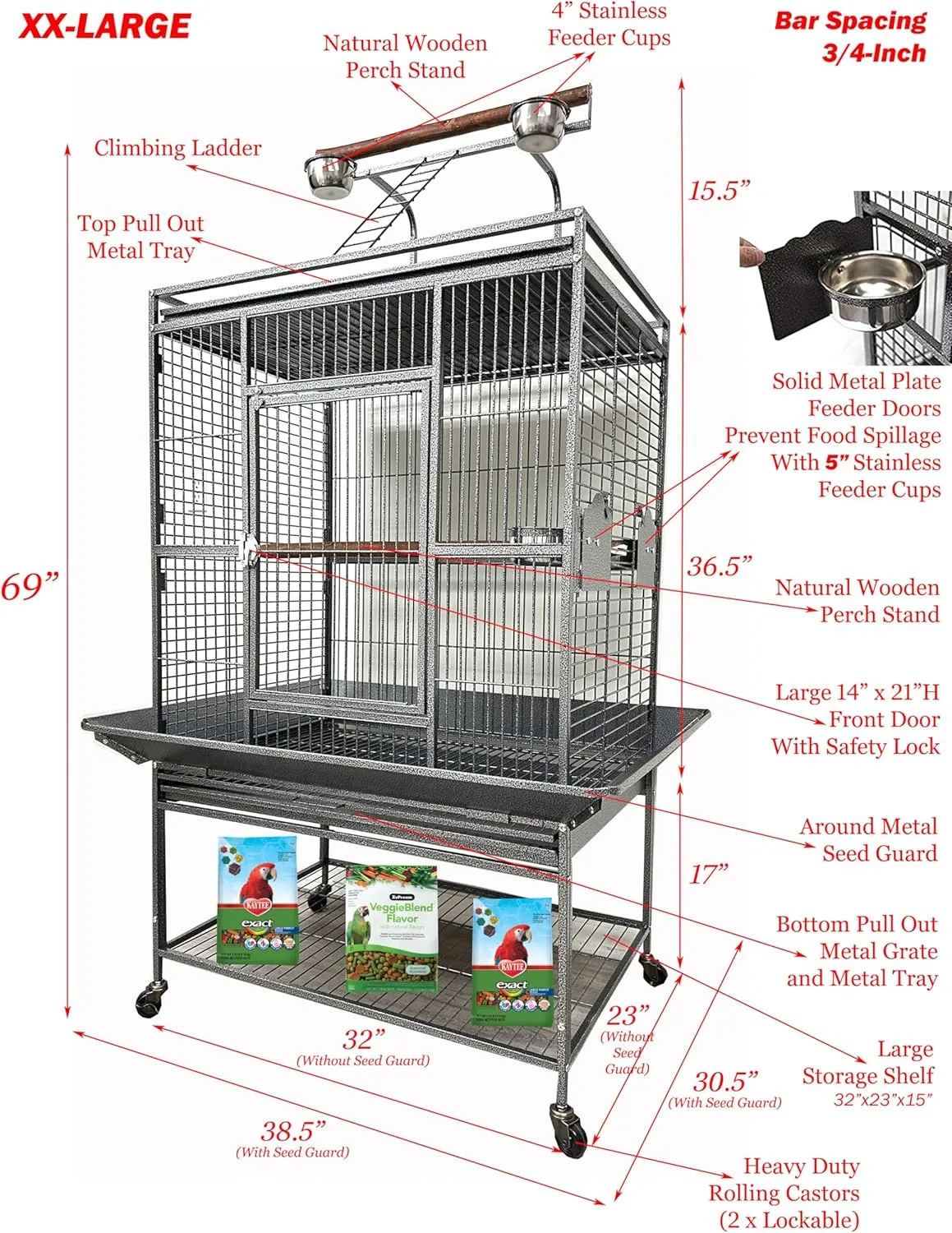 Extra Large 32" x 23" x 69"H Elegant and Durable Wrought Iron Double Ladders Open Play Top Bird Parrot Rolling Cage, Include Stainless Feed Cups Natural Wooden Stand Perch Seed Guard
