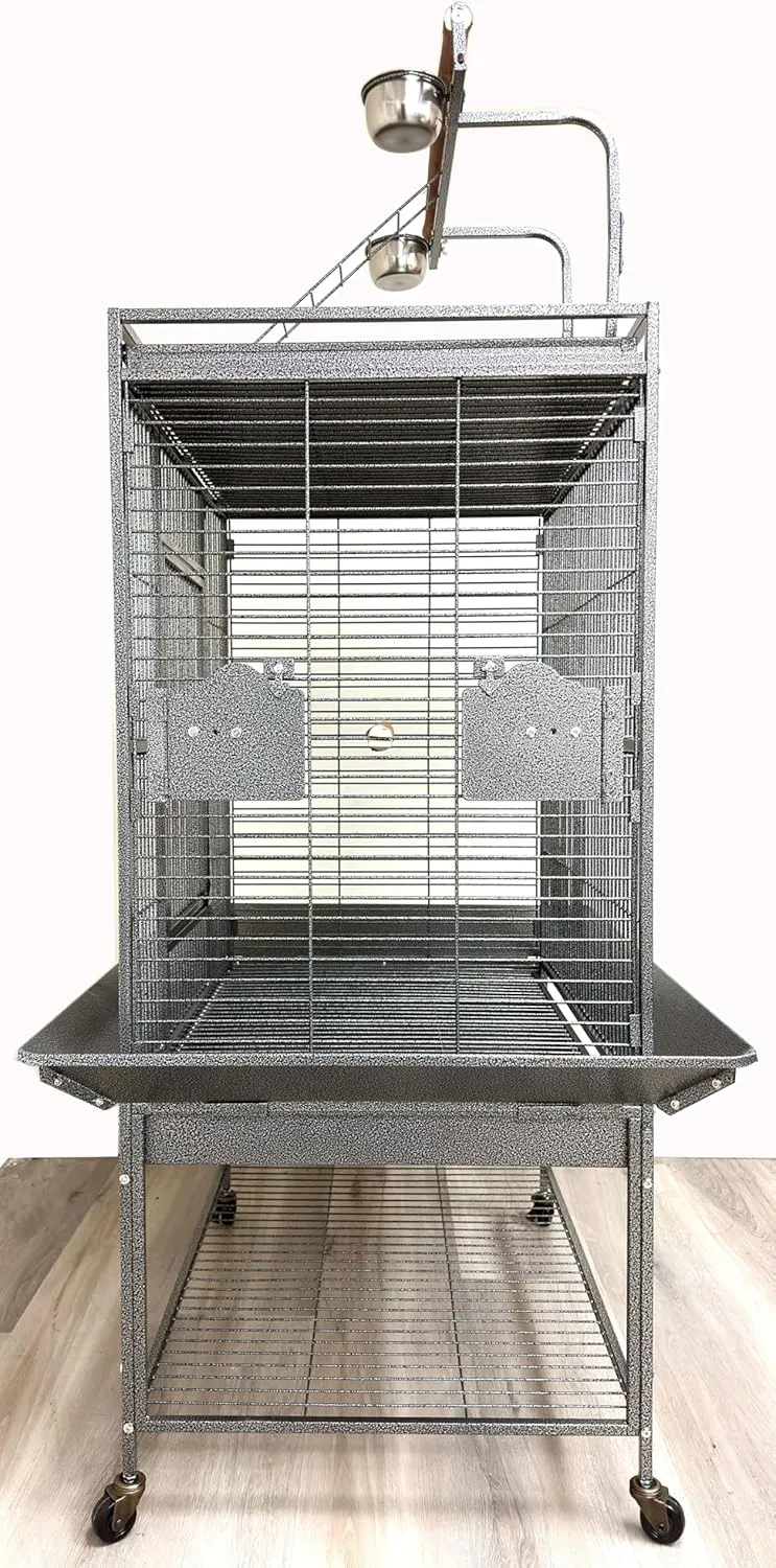 Extra Large 32" x 23" x 69"H Elegant and Durable Wrought Iron Double Ladders Open Play Top Bird Parrot Rolling Cage, Include Stainless Feed Cups Natural Wooden Stand Perch Seed Guard