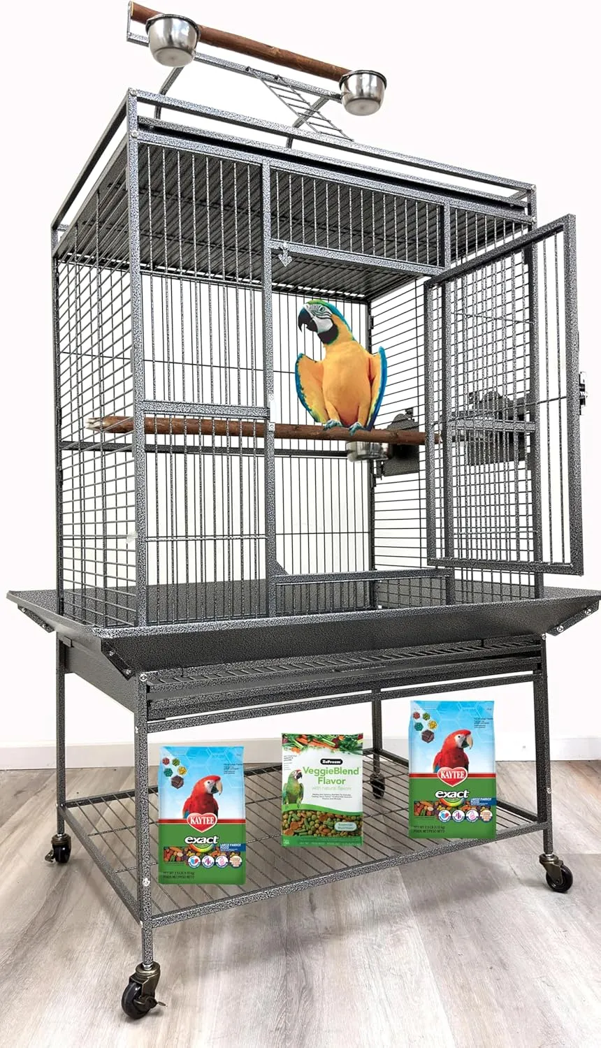 Extra Large 32" x 23" x 69"H Elegant and Durable Wrought Iron Double Ladders Open Play Top Bird Parrot Rolling Cage, Include Stainless Feed Cups Natural Wooden Stand Perch Seed Guard