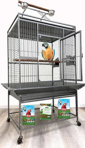 Extra Large 32" x 23" x 69"H Elegant and Durable Wrought Iron Double Ladders Open Play Top Bird Parrot Rolling Cage, Include Stainless Feed Cups Natural Wooden Stand Perch Seed Guard