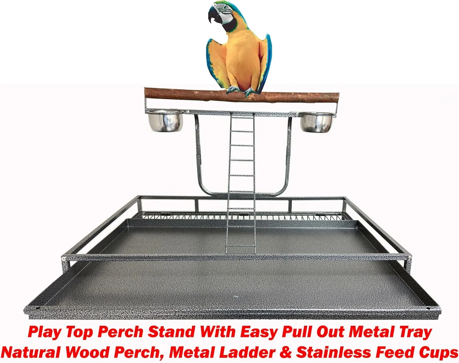 Extra Large 32" x 23" x 69"H Elegant and Durable Wrought Iron Double Ladders Open Play Top Bird Parrot Rolling Cage, Include Stainless Feed Cups Natural Wooden Stand Perch Seed Guard