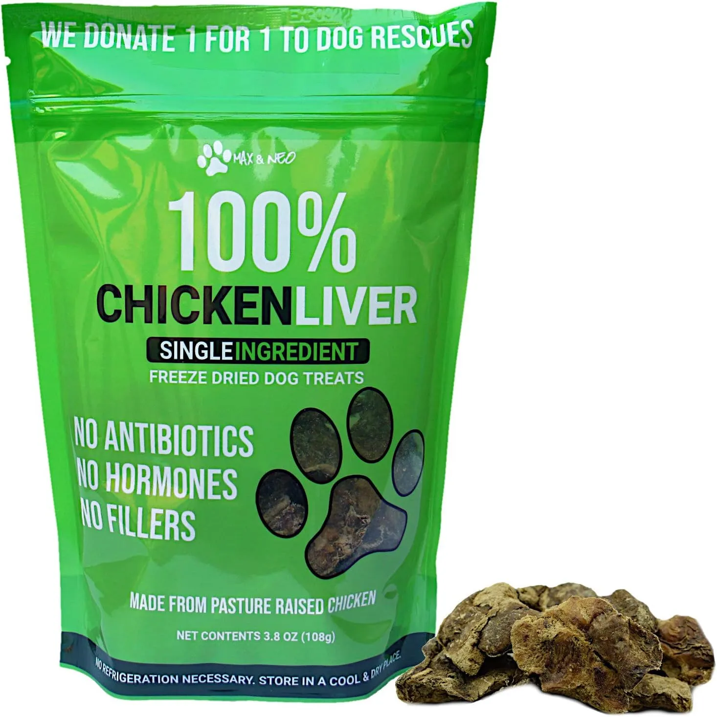 Max and Neo Freeze Dried Chicken Liver Dog Treats - Single Ingredient, Pasture Raised, Antibiotic Free, Human Grade Chicken Grown in The USA - We Donate 1 for 1 to Dog Rescues for Every Product Sold