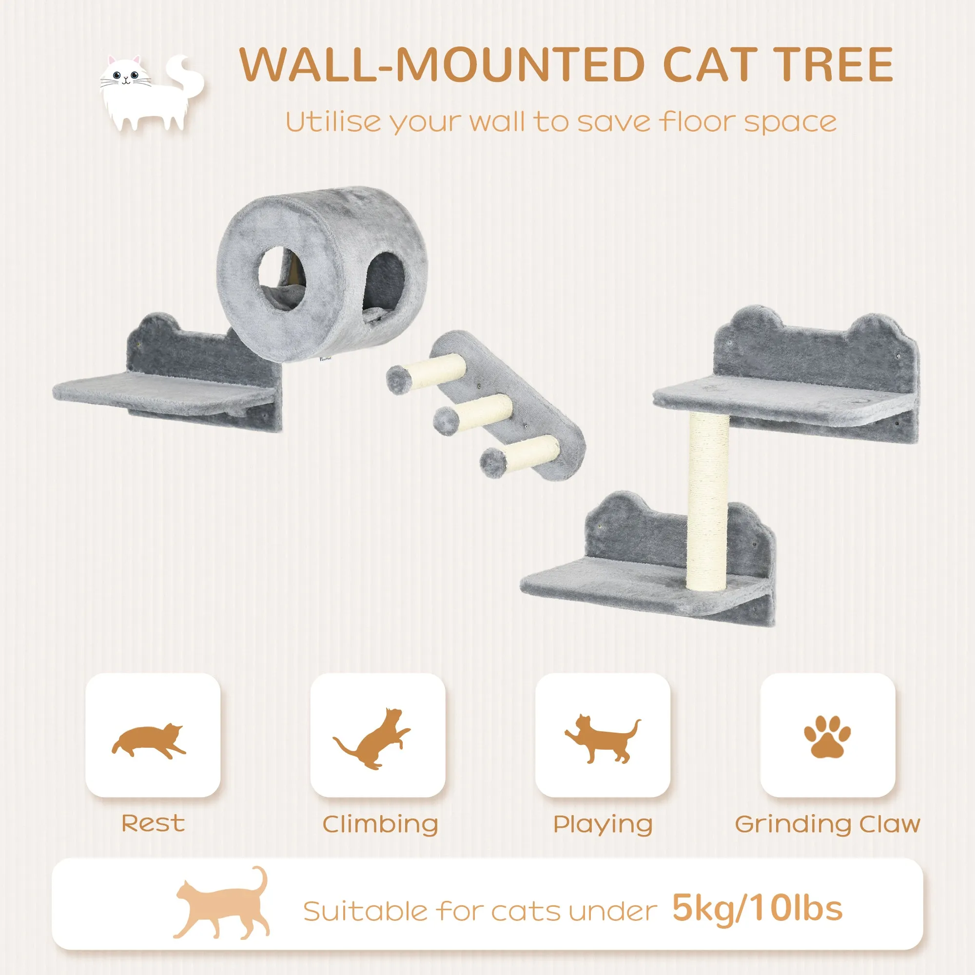 PawHut Cat Wall Furniture with Platforms, Steps, Perch, Cat House - Grey