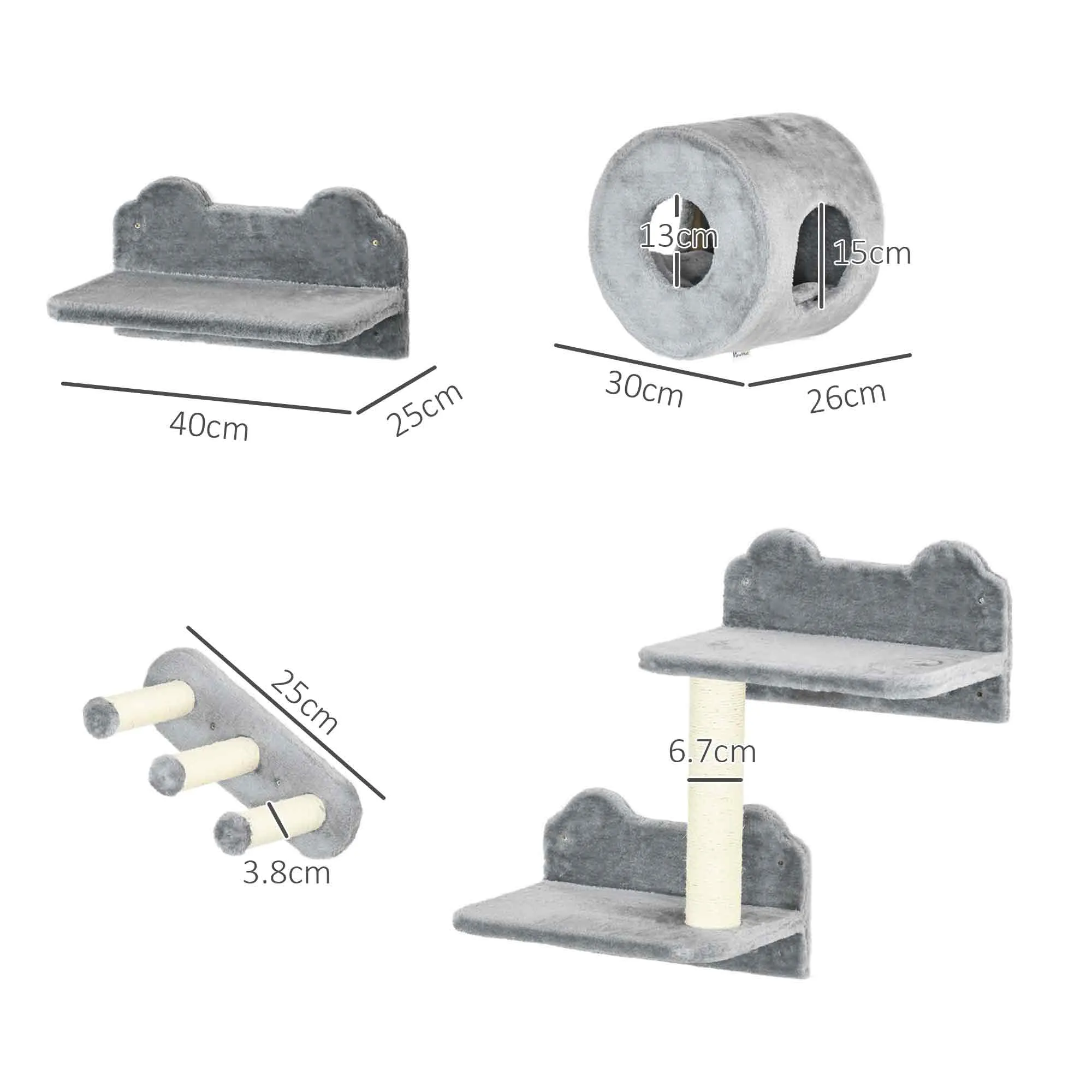 PawHut Cat Wall Furniture with Platforms, Steps, Perch, Cat House - Grey