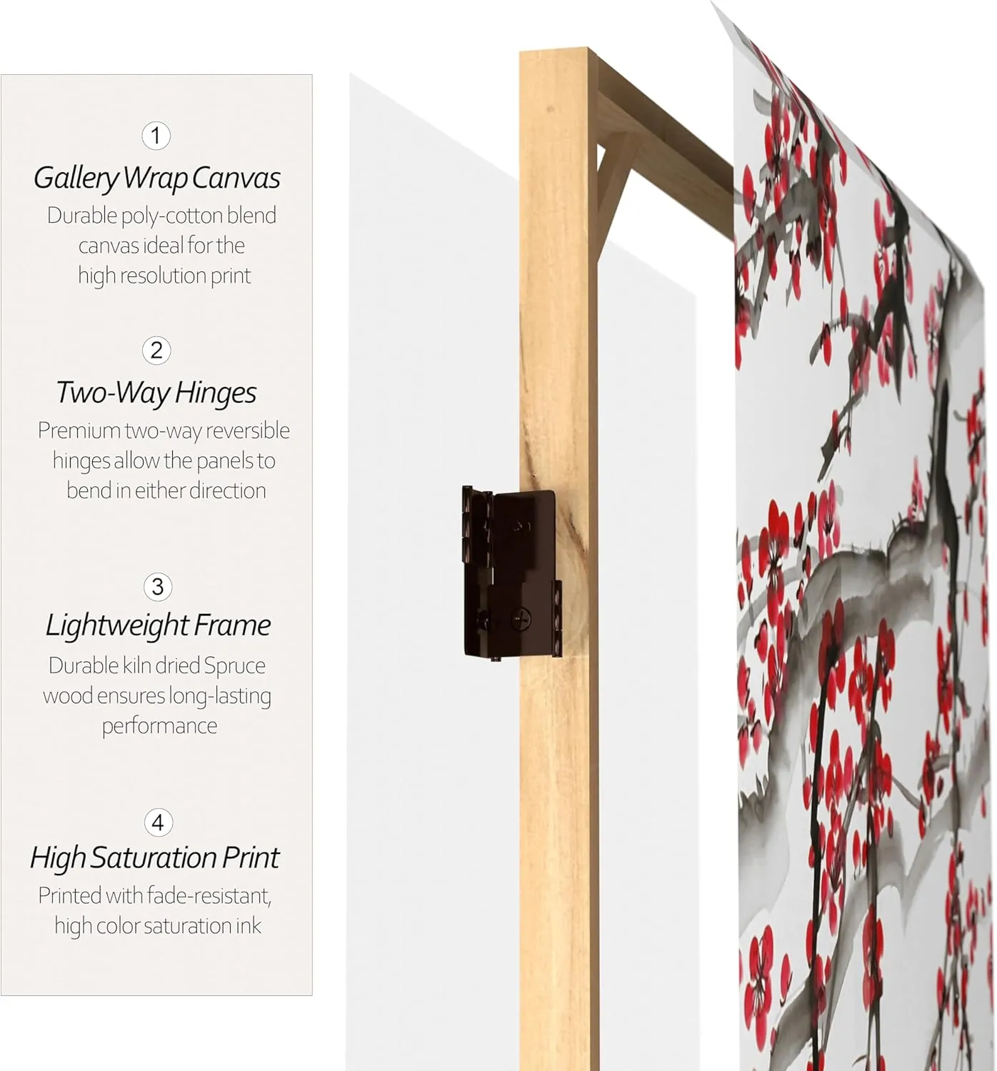 Red Lantern 2 ft. Short Double Sided Plum Blossom Canvas Folding Screen 3 Panel Freestanding Partition and Separator for Modern and Contemporary Bedroom, Home Office, Studio, Dorm, Apartment