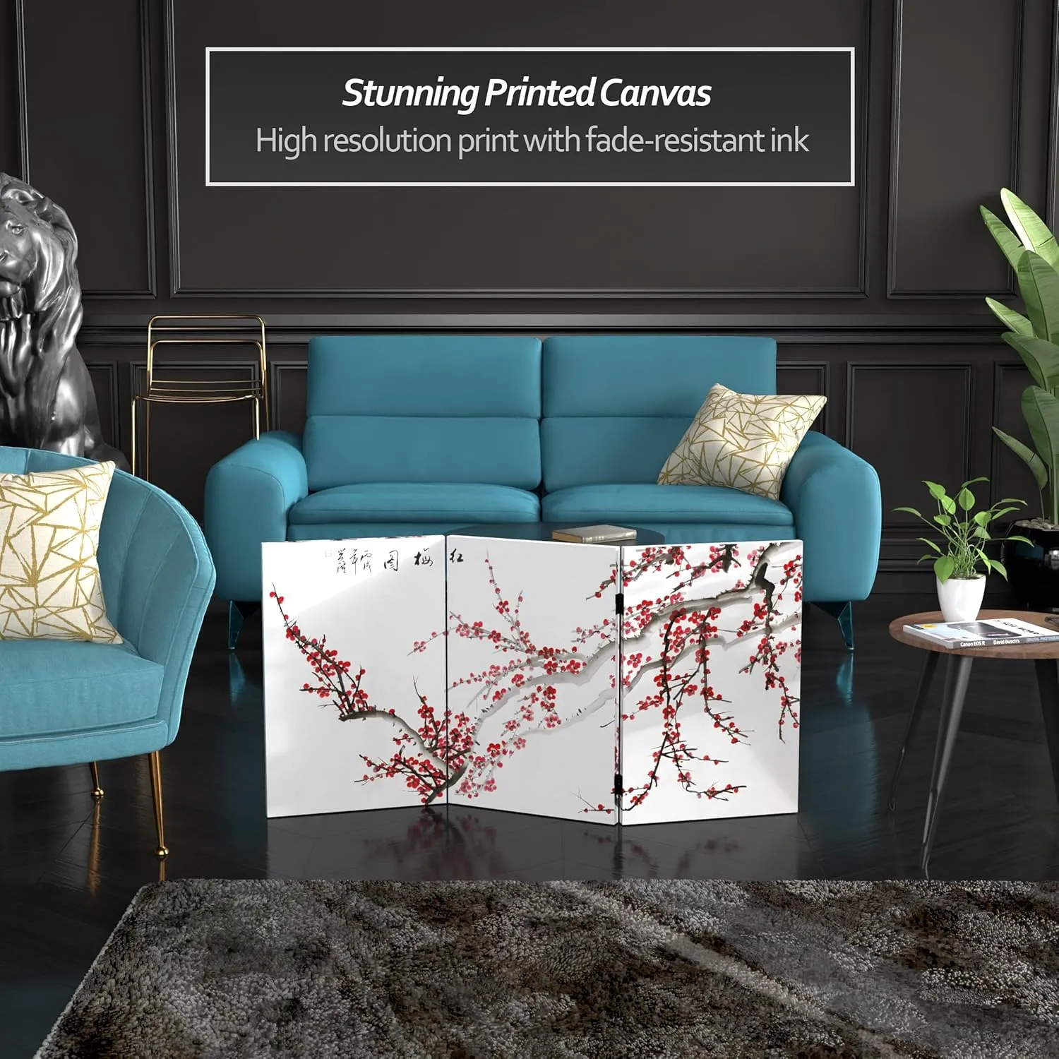 Red Lantern 2 ft. Short Double Sided Plum Blossom Canvas Folding Screen 3 Panel Freestanding Partition and Separator for Modern and Contemporary Bedroom, Home Office, Studio, Dorm, Apartment