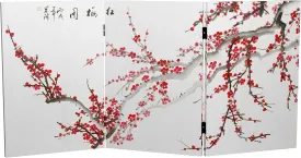 Red Lantern 2 ft. Short Double Sided Plum Blossom Canvas Folding Screen 3 Panel Freestanding Partition and Separator for Modern and Contemporary Bedroom, Home Office, Studio, Dorm, Apartment