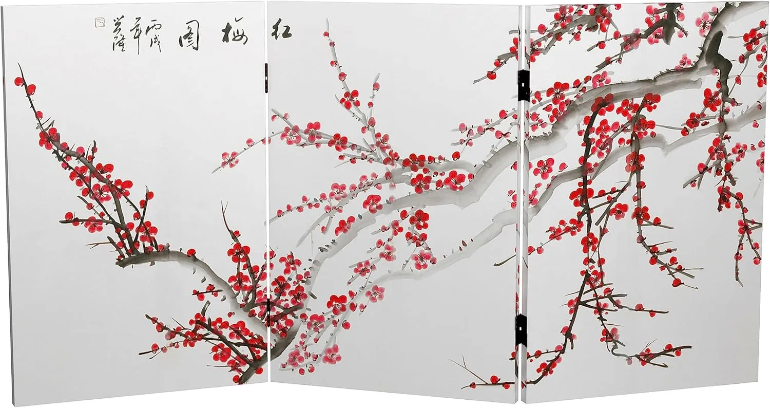 Red Lantern 2 ft. Short Double Sided Plum Blossom Canvas Folding Screen 3 Panel Freestanding Partition and Separator for Modern and Contemporary Bedroom, Home Office, Studio, Dorm, Apartment