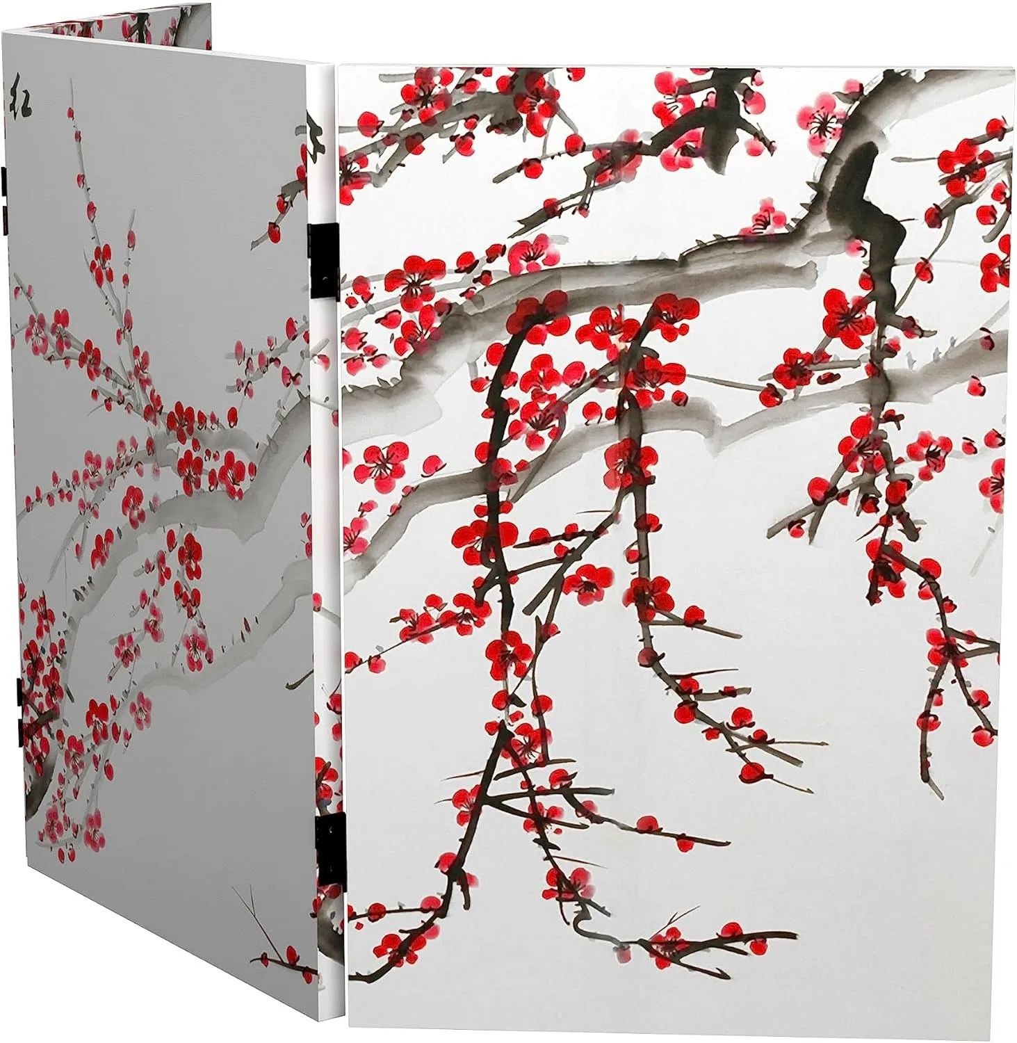 Red Lantern 2 ft. Short Double Sided Plum Blossom Canvas Folding Screen 3 Panel Freestanding Partition and Separator for Modern and Contemporary Bedroom, Home Office, Studio, Dorm, Apartment