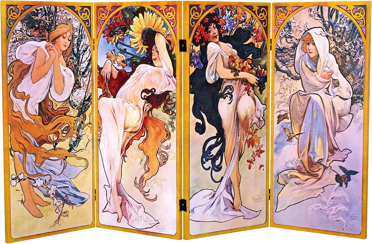 Red Lantern 3 ft. Short Double Sided Four Seasons Canvas Folding Screen 4 Panel Freestanding Partition and Separator for Modern and Contemporary Bedroom, Home Office, Studio, Dorm, Apartment