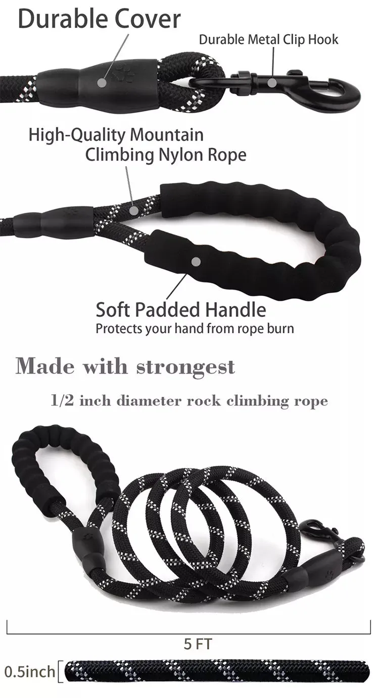 Strong Dog Leash with Comfortable Padded Handle and Highly Reflective Threads for Small Medium and Large Dogs
