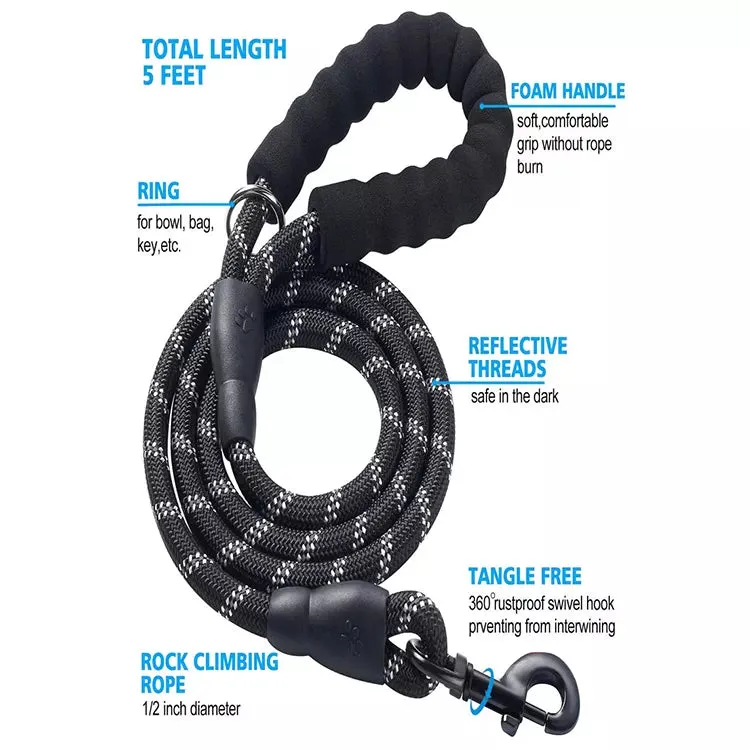 Strong Dog Leash with Comfortable Padded Handle and Highly Reflective Threads for Small Medium and Large Dogs