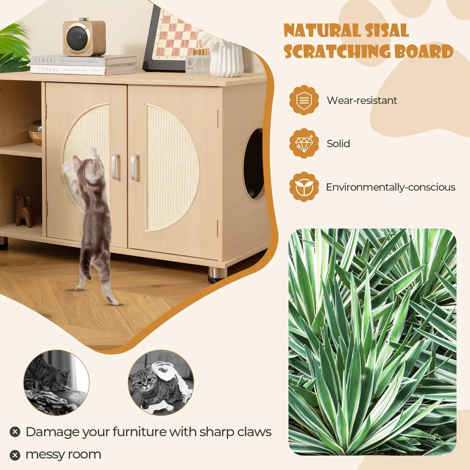 Tangkula Cat Litter Box Enclosure, Hidden Cat Washroom with Storage Shelf, Sisal Scratching Doors