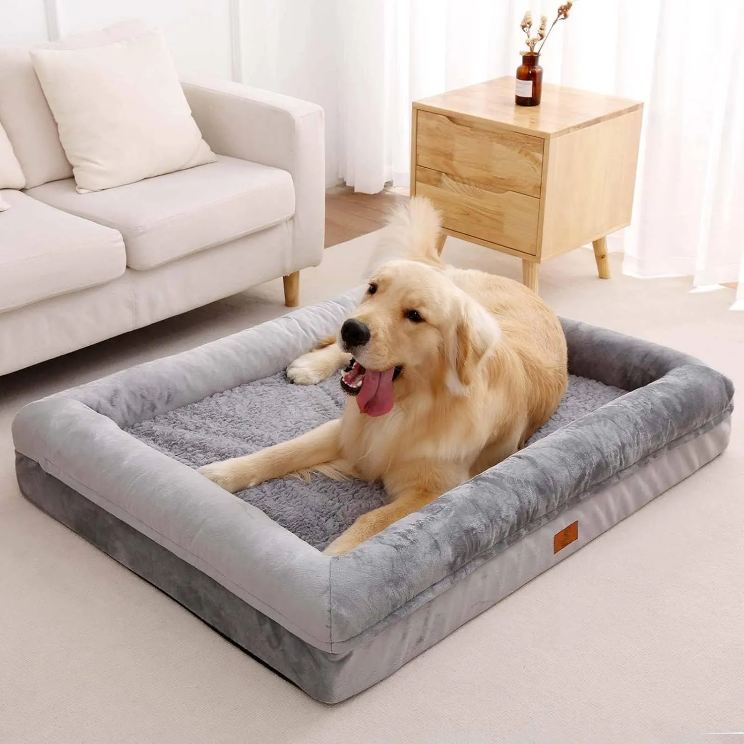 XL Orthopedic Dog Bed for Large Dogs, Big Waterproof Dog Bed with Removable Washable Cover, 4-Sides Removable Bolster Pet Couch Sofa with Non-Slip Bottom, Grey