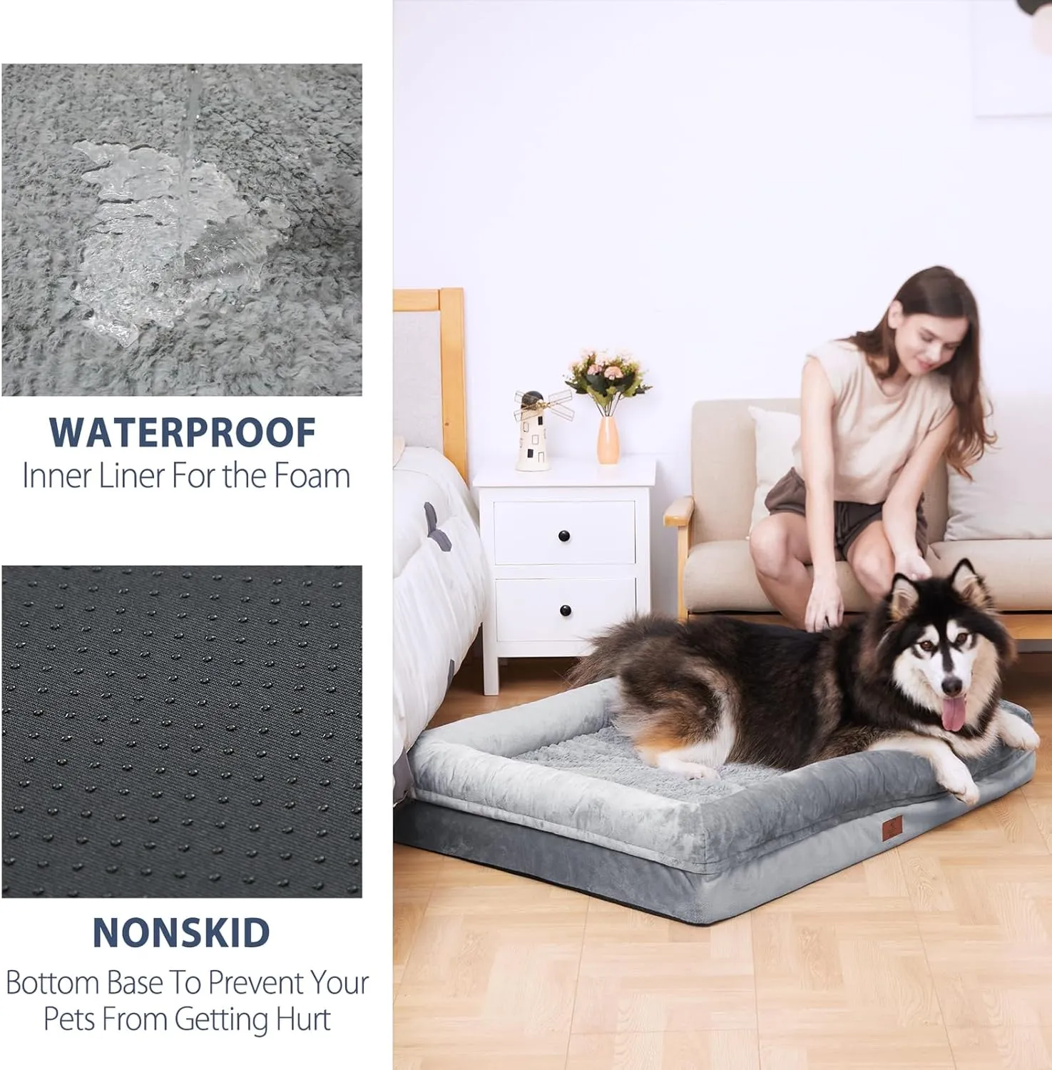 XL Orthopedic Dog Bed for Large Dogs, Big Waterproof Dog Bed with Removable Washable Cover, 4-Sides Removable Bolster Pet Couch Sofa with Non-Slip Bottom, Grey
