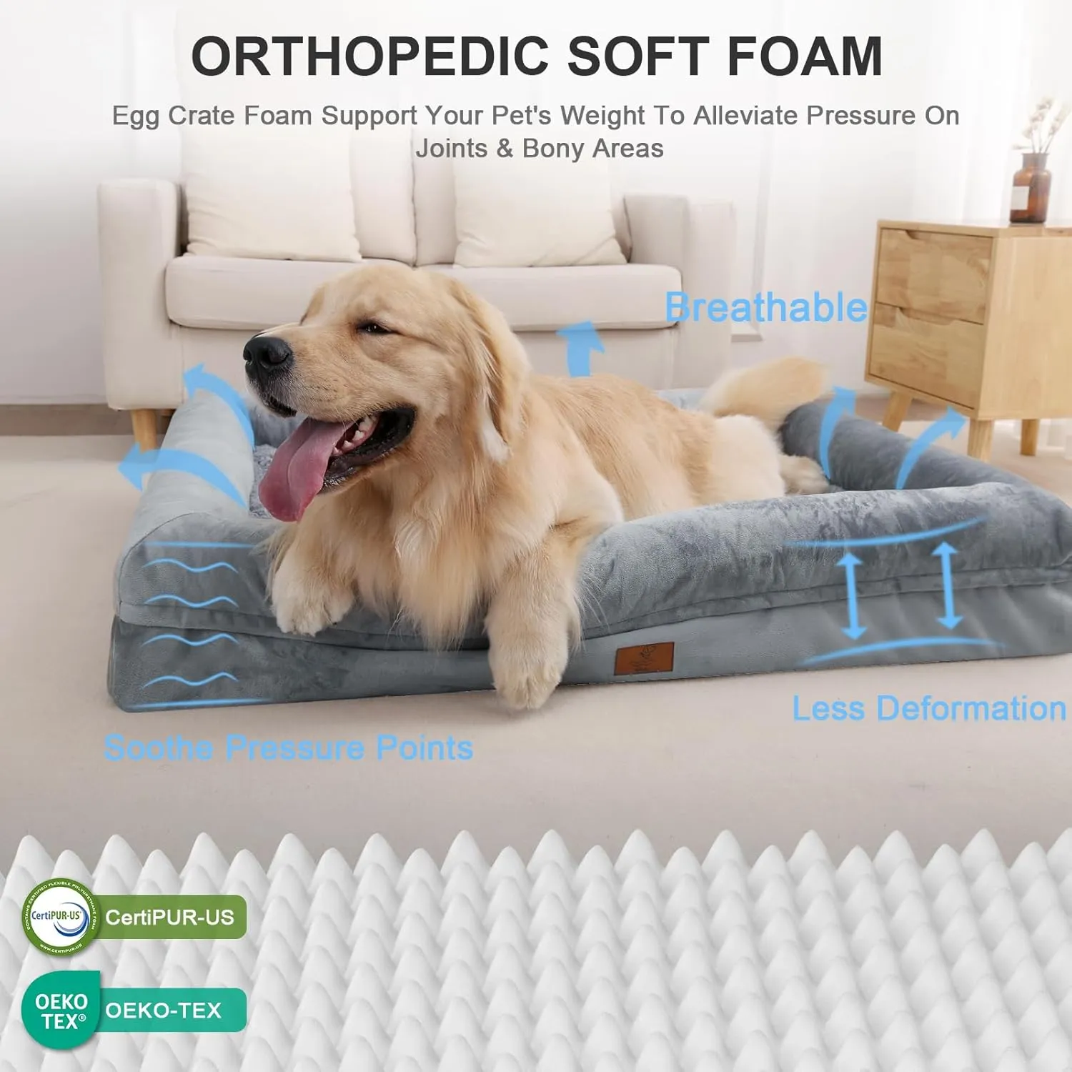 XL Orthopedic Dog Bed for Large Dogs, Big Waterproof Dog Bed with Removable Washable Cover, 4-Sides Removable Bolster Pet Couch Sofa with Non-Slip Bottom, Grey