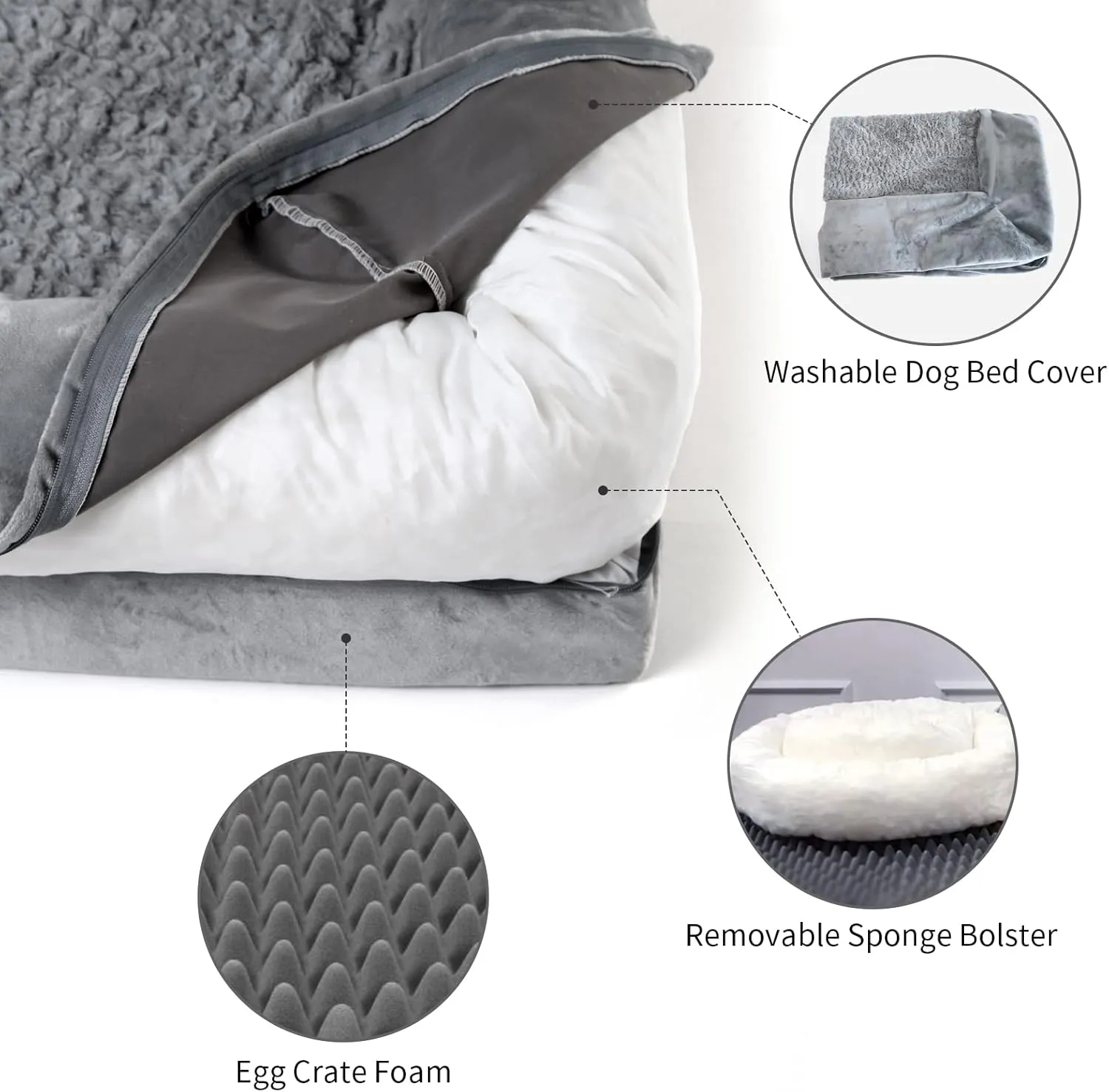 XL Orthopedic Dog Bed for Large Dogs, Big Waterproof Dog Bed with Removable Washable Cover, 4-Sides Removable Bolster Pet Couch Sofa with Non-Slip Bottom, Grey