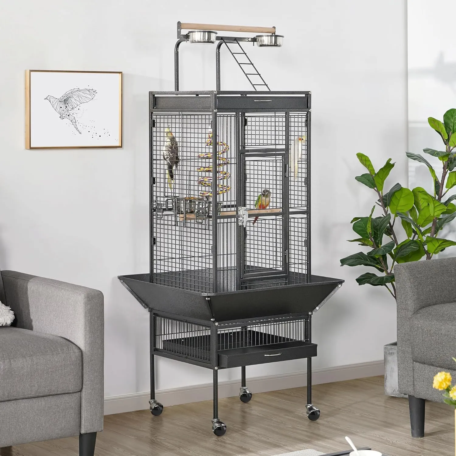 Yaheetech 61-inch Playtop Wrought Iron Large Parrot Bird Cages with Rolling Stand for Cockatiels Amazon Parrot Quaker Conure Parakeet Lovebird Finch Canary Small Medium Parrot Cage Birdcage, Black